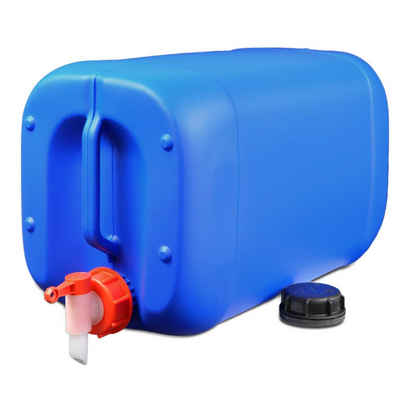 Plasteo Kanister »25 Liter Getränke- Wasserkanister mit 1 Hahn und 1 Schraubdeckel (DIN 61), Lebensmittelecht, Stapelbar, Indoor und Outdoor, BPA Frei Blau«