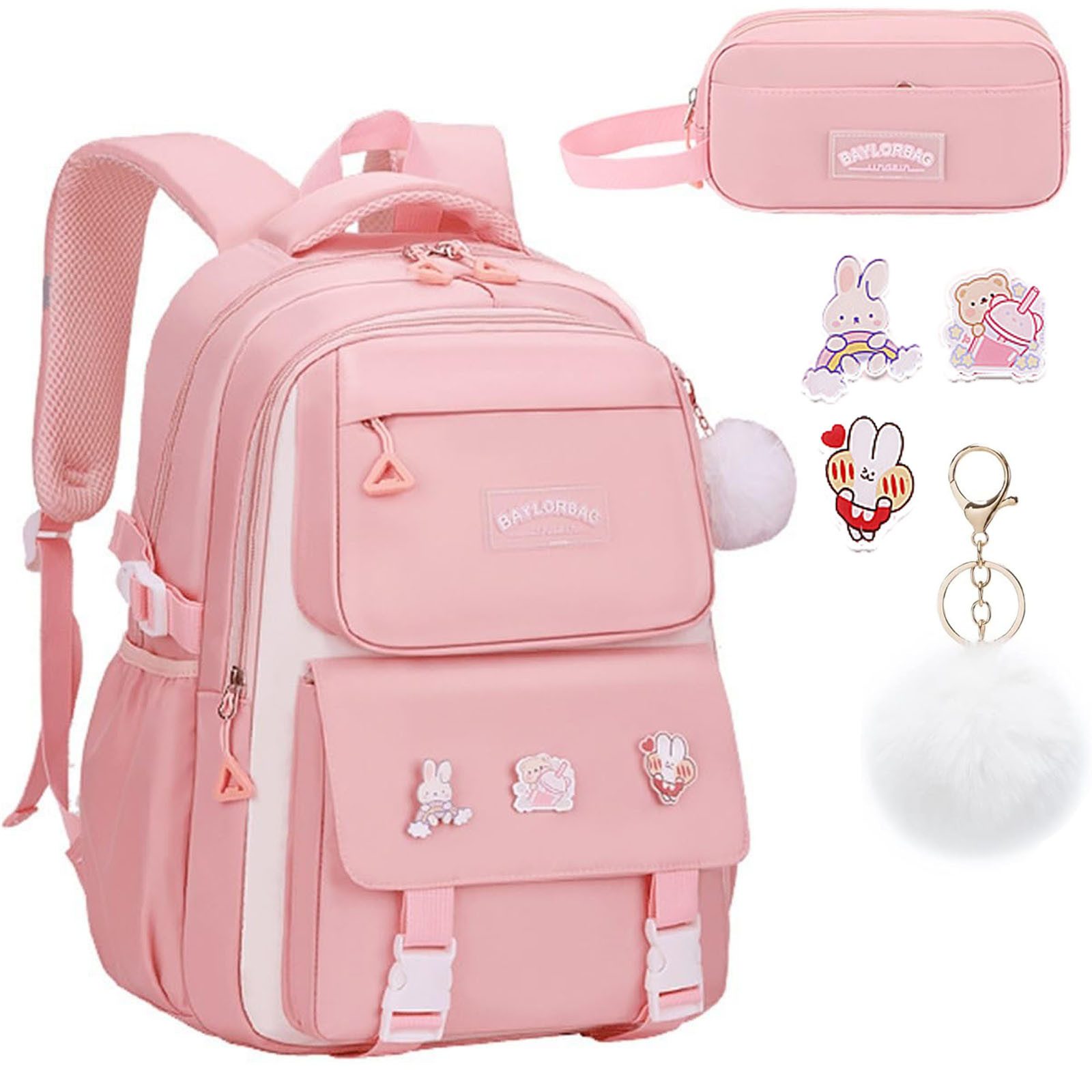 MOPUEA Schulrucksack Teenager-Schulranzen-Set, mit Stifteetui und Badge-Label (Wasserdicht Schulranzen,Unisex Geeignet für Mittelstufe-Universität, 2-tlg., für zum Schulbesuch,Einkaufen,Camping usw), Mit ergonomischem Design zur Entlastung von Schultern u