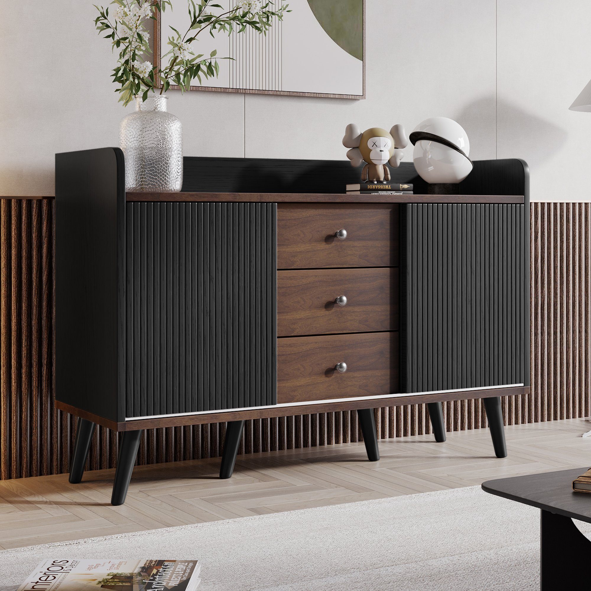 KLAM HOME Sideboard moderne Kommode mit drei Schubladen (für Schlafzimmer und Wohnzimmer), mit 3 Schubladen und 2 Schiebetüren 118 x 40 x 80cm schwarz/holz