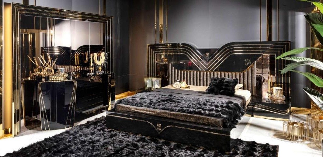 Xlmoebel Schlafzimmer-Set Elegantes Schlafzimmer-Set in Schwarz mit Doppelbett und Nachttis, (5-tlg), Made in Europa