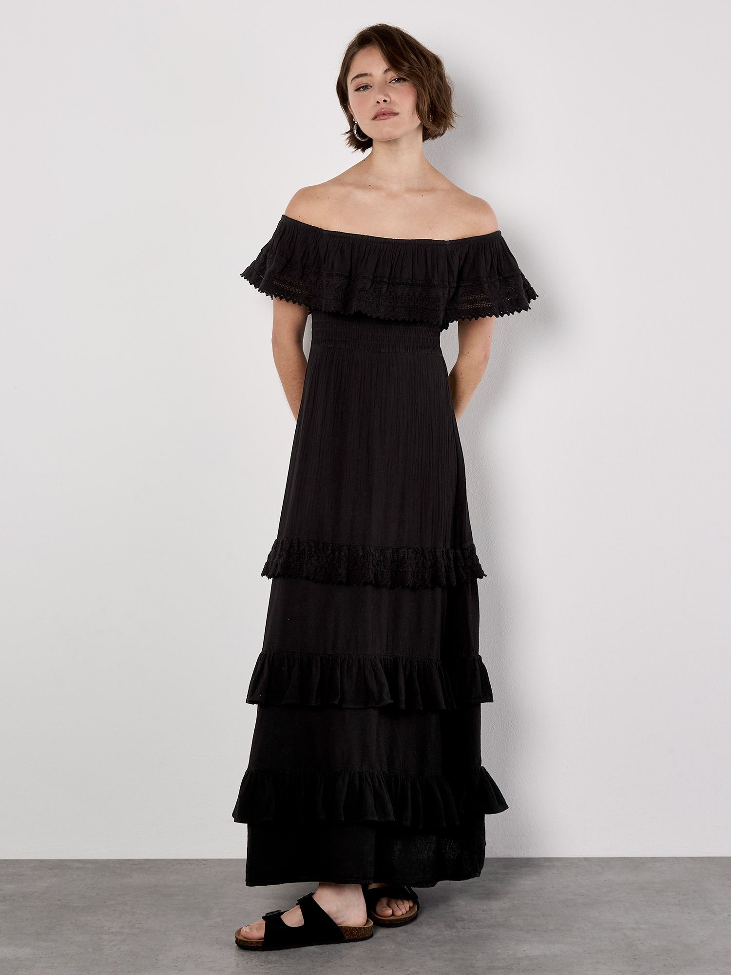 Apricot Maxikleid Bandeau-Rüschenkleid mit Spitze