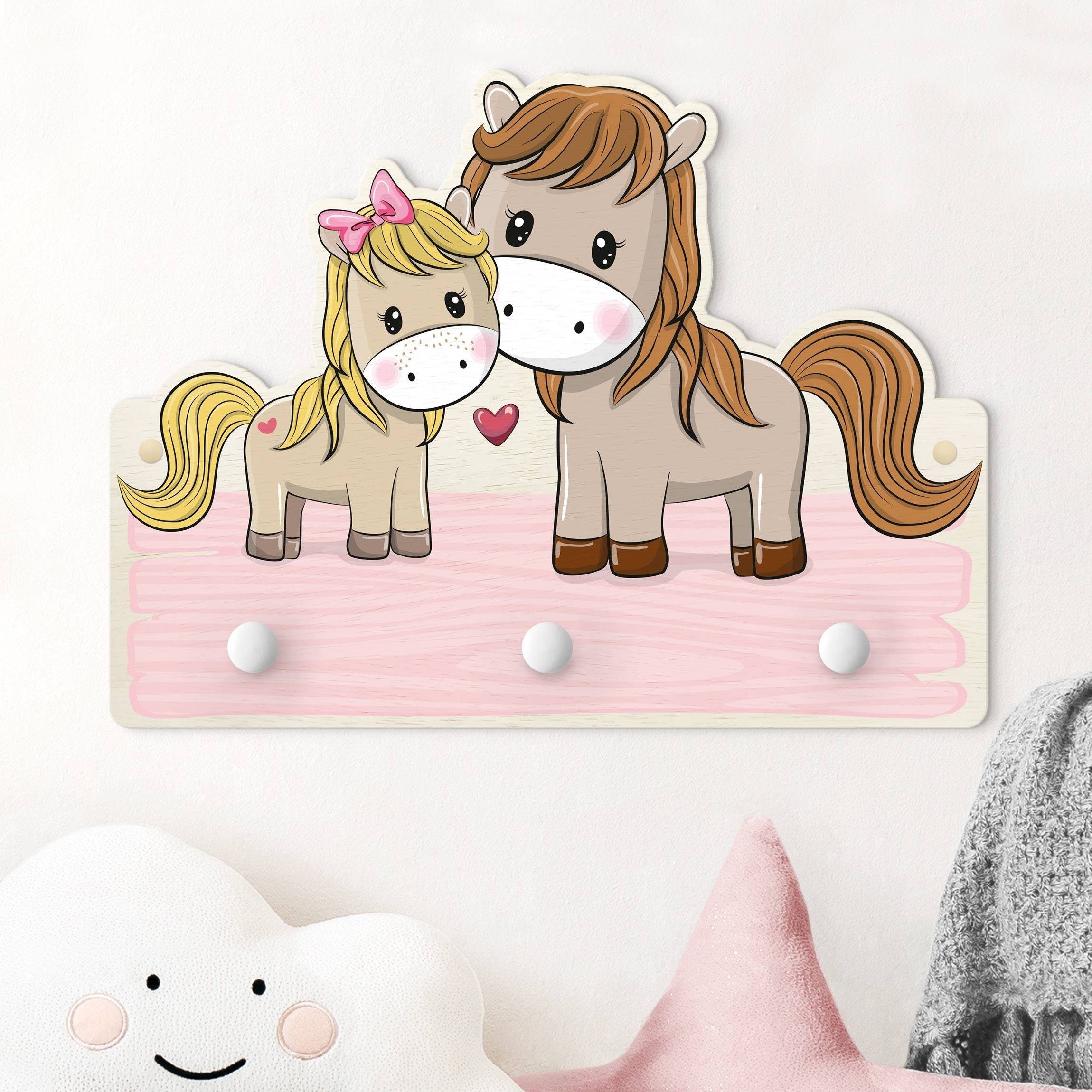 Bilderdepot24 Garderobenpaneel rosa Tiere Pferd Pony (Kindergarderobe Holz Kleiderhaken für die Wand inkl. Montagematerial), moderne Wand Garderobenleiste Flur - kleine Hakenleiste Kinderzimmer