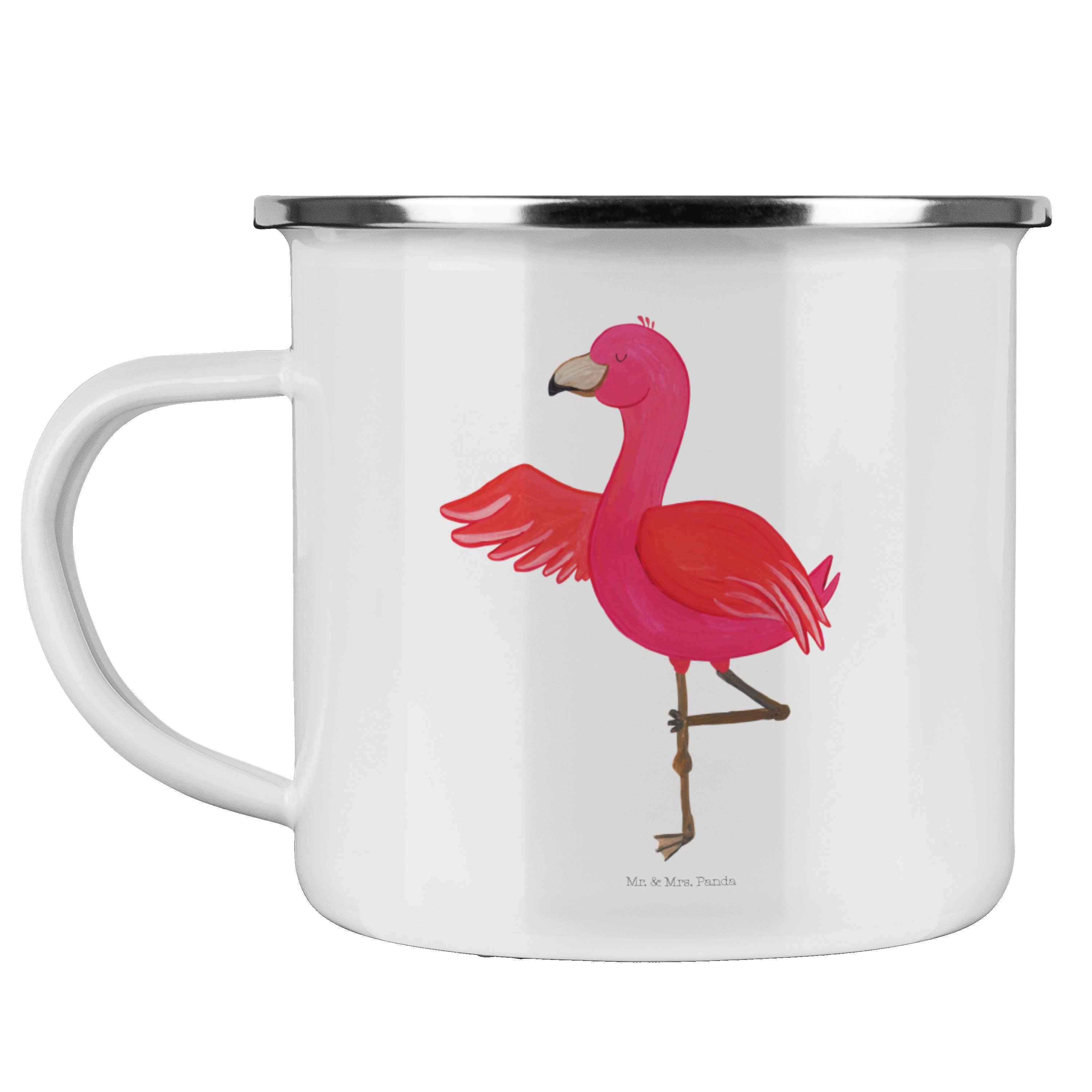 Flamingo Emaille Weiß Campingtasse, - Yogapose, Campin, Yoga Baum, Panda Mr. Mrs. - Becher Geschenk, &