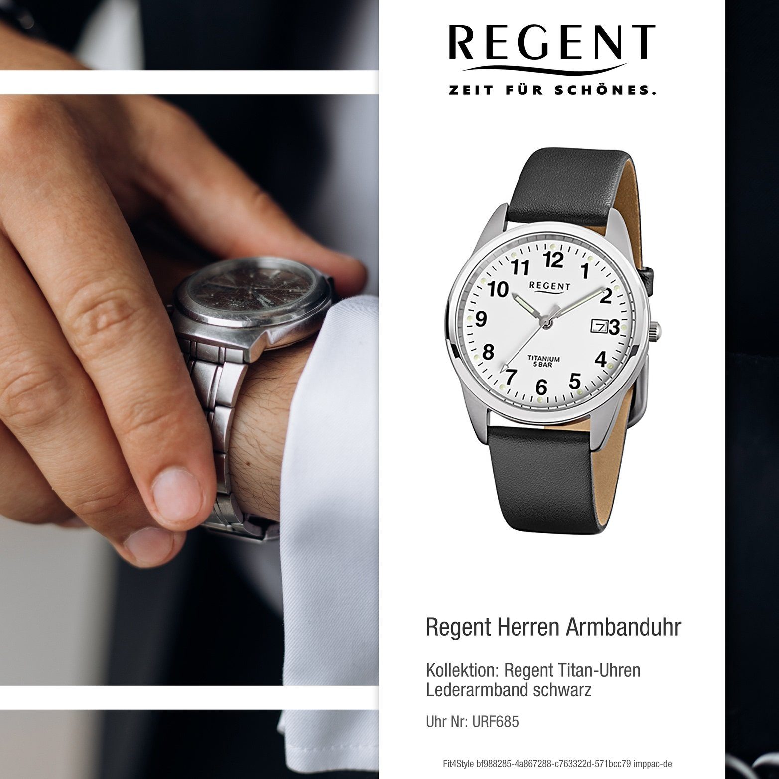 Regent Quarzuhr Regent Leder Herren Uhr Quarzuhr, Gehäuse, rundes Lederarmband schwarz, mittel 36mm) F-685 Herrenuhr (ca