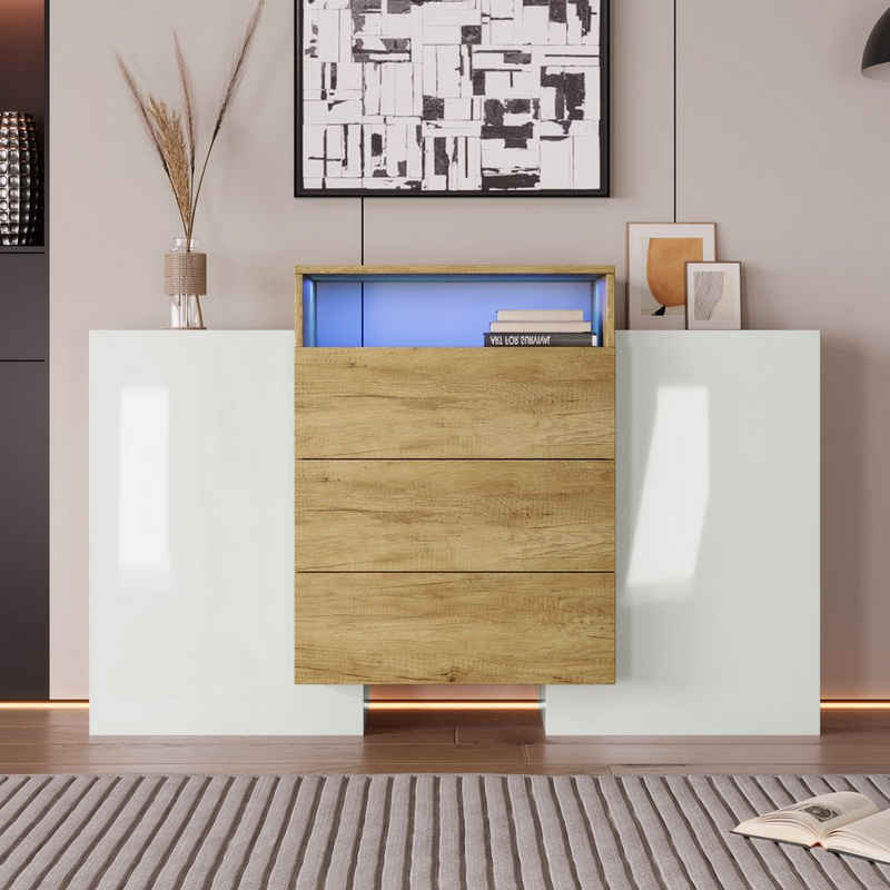 Merax Sideboard mit hochglänzenden Türen und LED-Bleuchtung, Kommode mit drei Schubladen in Wildeiche, Anrichte, Breite 140cm