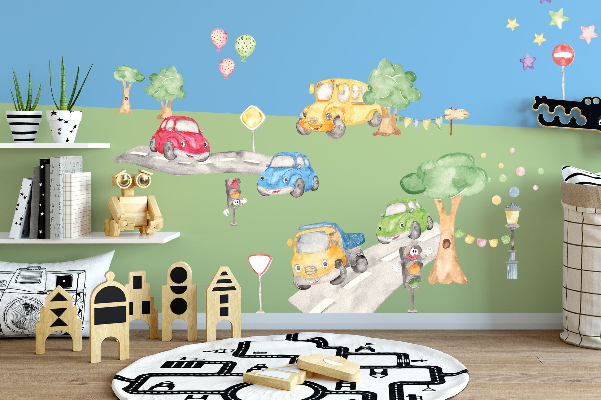 Sunnywall Wandtattoo XXL Auto Wandtattoo Set Kinderzimmer Aufkleber