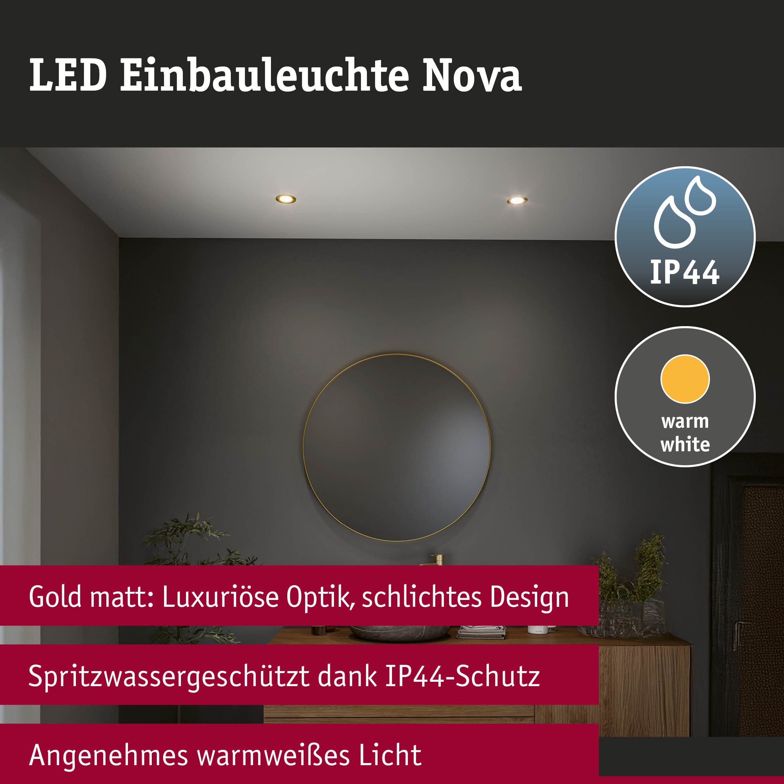 Paulmann LED Einbauleuchte LED Einbauleuchte 3-Step-Dim Nova Coin IP44 rund 74mm Gold matt, LED fest integriert, Warmweiß, mehrere Helligkeitsstufen