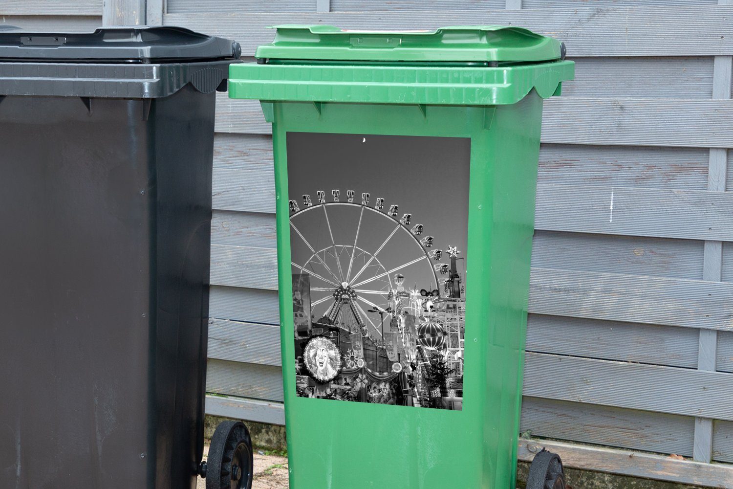 im - MuchoWow und Container, Abfalbehälter schwarz St), Mülltonne, Mülleimer-aufkleber, Sticker, (1 Karneval weiß Wandsticker Vergnügungspark