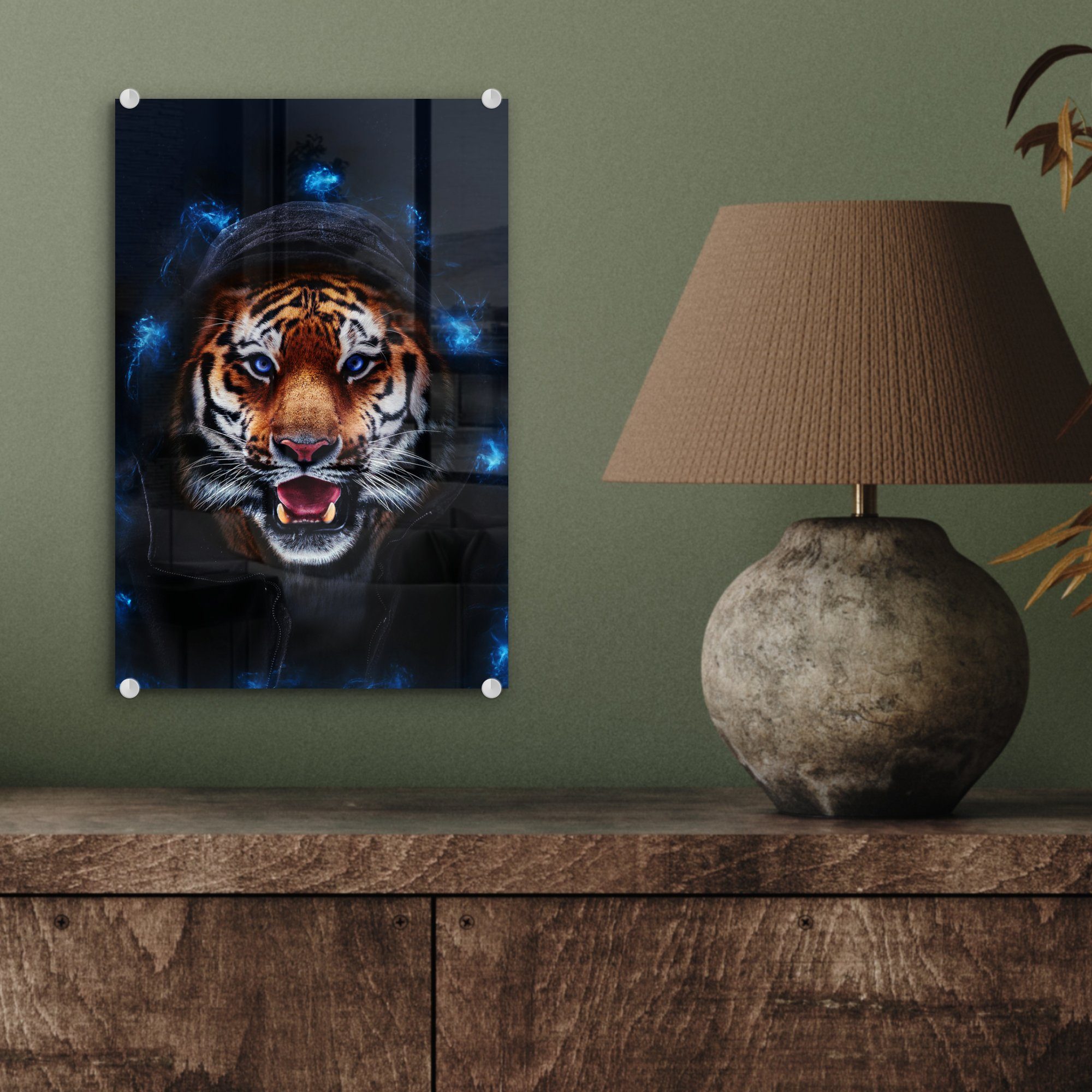 Blau, Porträt St), Wanddekoration bunt auf - Glasbilder Acrylglasbild Bilder - Glas (1 Tiger MuchoWow - - Wandbild auf Foto Glas -