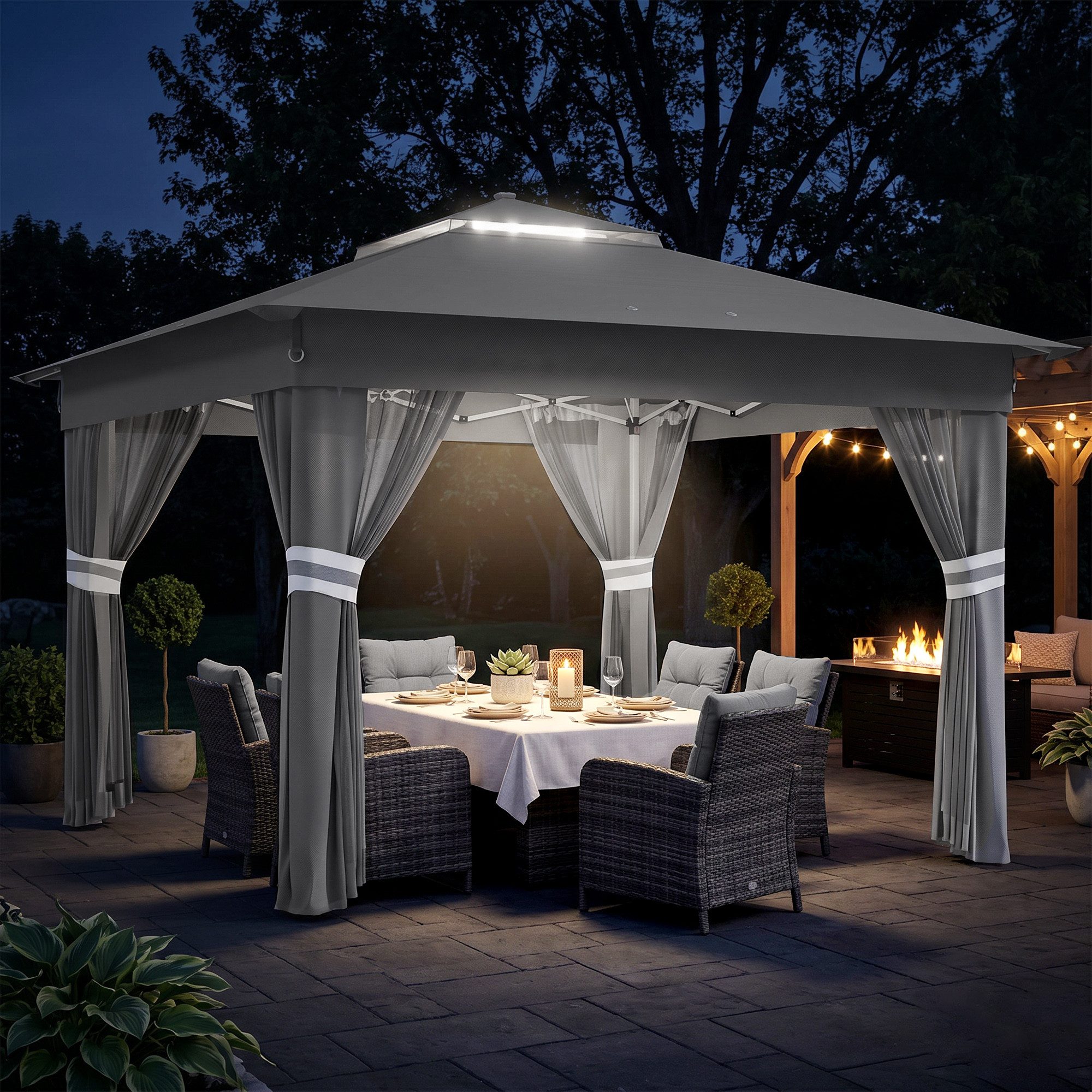 Outsunny Faltpavillon Pavillon mit LED, Gartenpavillon mit Wassersack, mit 4 Seitenteilen, (Bierzelt, Gartenpavillon), für Balkon, Terrasse, Dunkelgrau