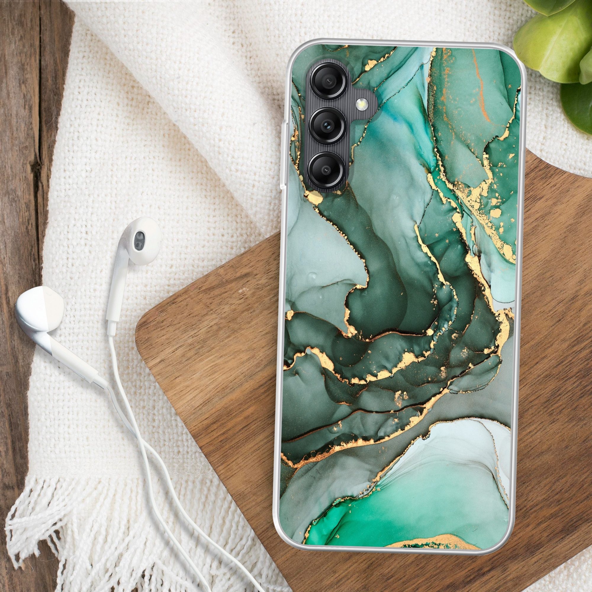 MuchoWow Handyhülle für Samsung Galaxy A14 5G Gold - Marmor - Grün - Luxus - Marmoroptik -, Smartphone-Bumper, Print, Handy Schutzhülle Dünn