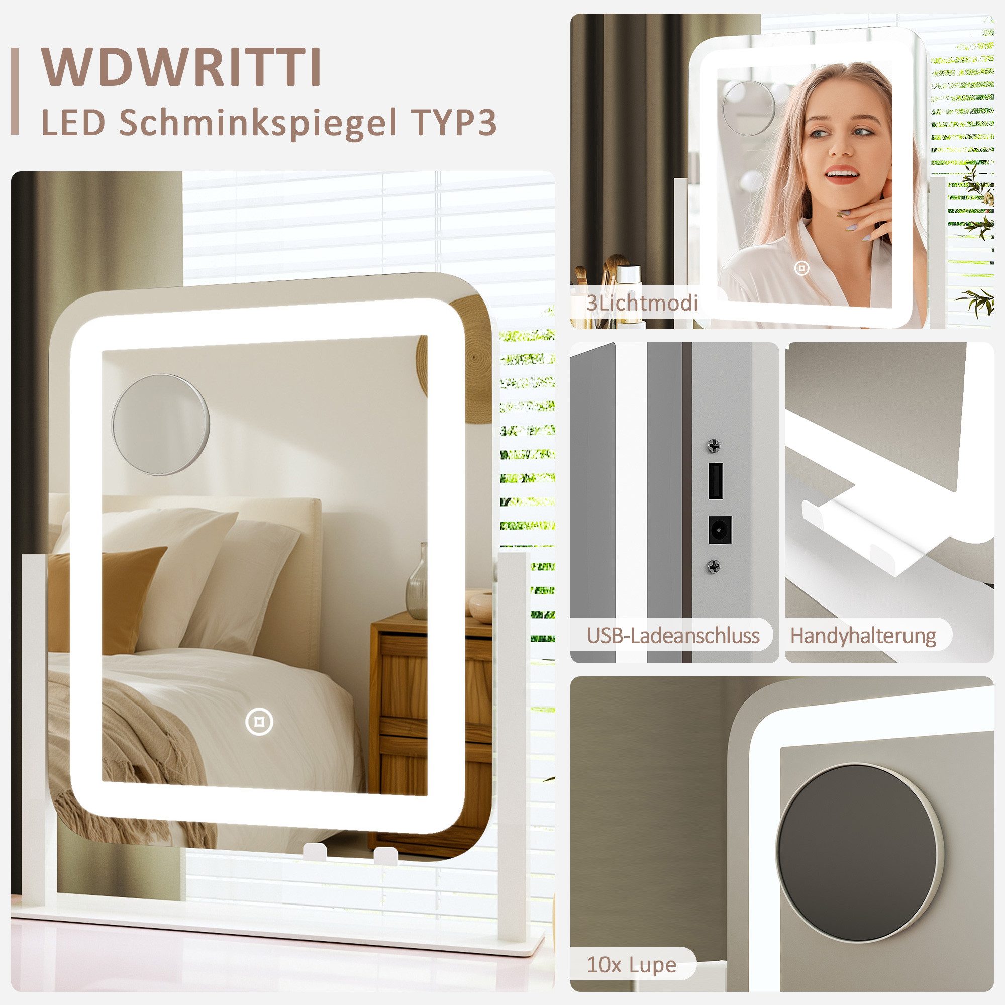 WDWRITTI Schminkspiegel mit beleuchtung, USB-Ladeanschluss, Handyhalterung günstig online kaufen