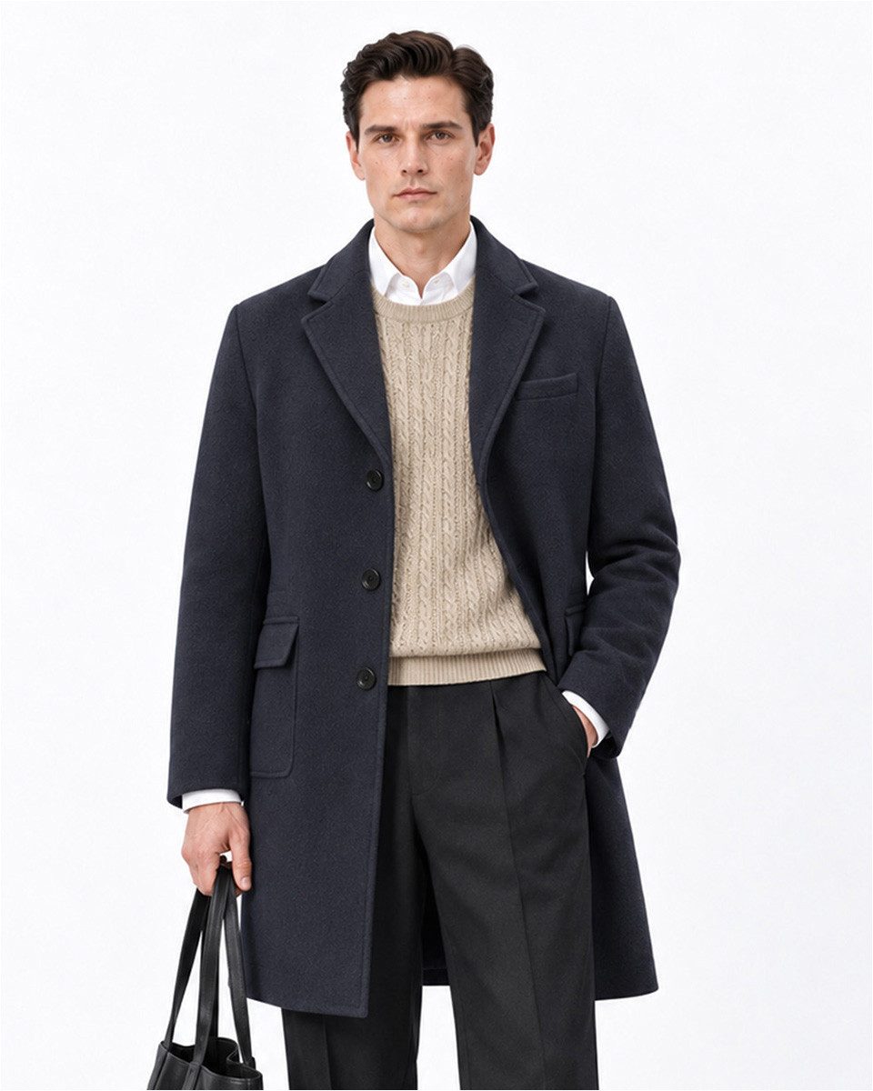 Allthemen Wollmantel Herren Langer Wollmantel Regular Fit mit Reverskragen Wintermantel
