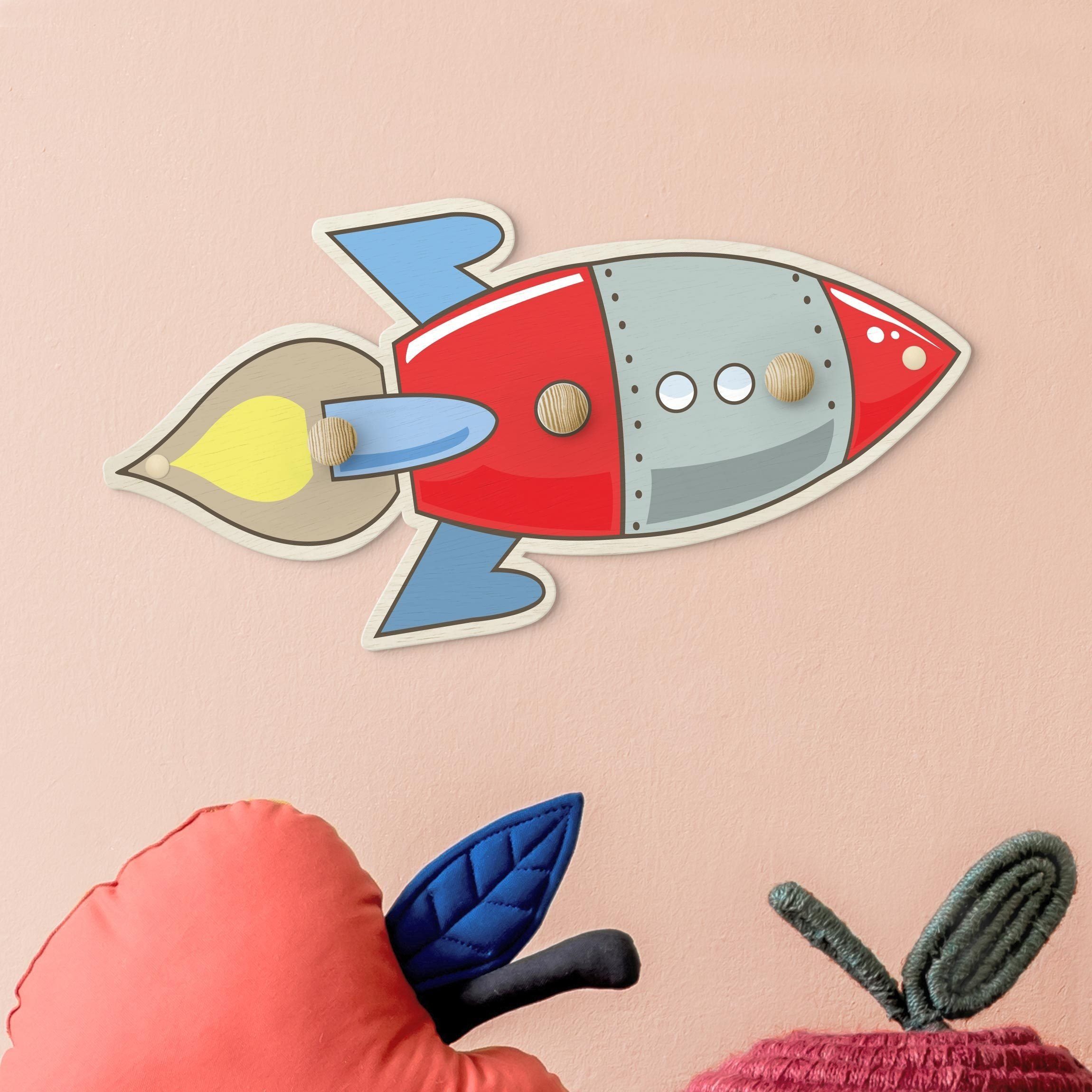 Bilderdepot24 Garderobenpaneel bunt Illustration Rakete rot blau (Kindergarderobe holz Kleiderhaken für die Wand inkl. Montagematerial), moderne Wand Garderobenleiste Flur - kleine Hakenleiste Kinderzimmer