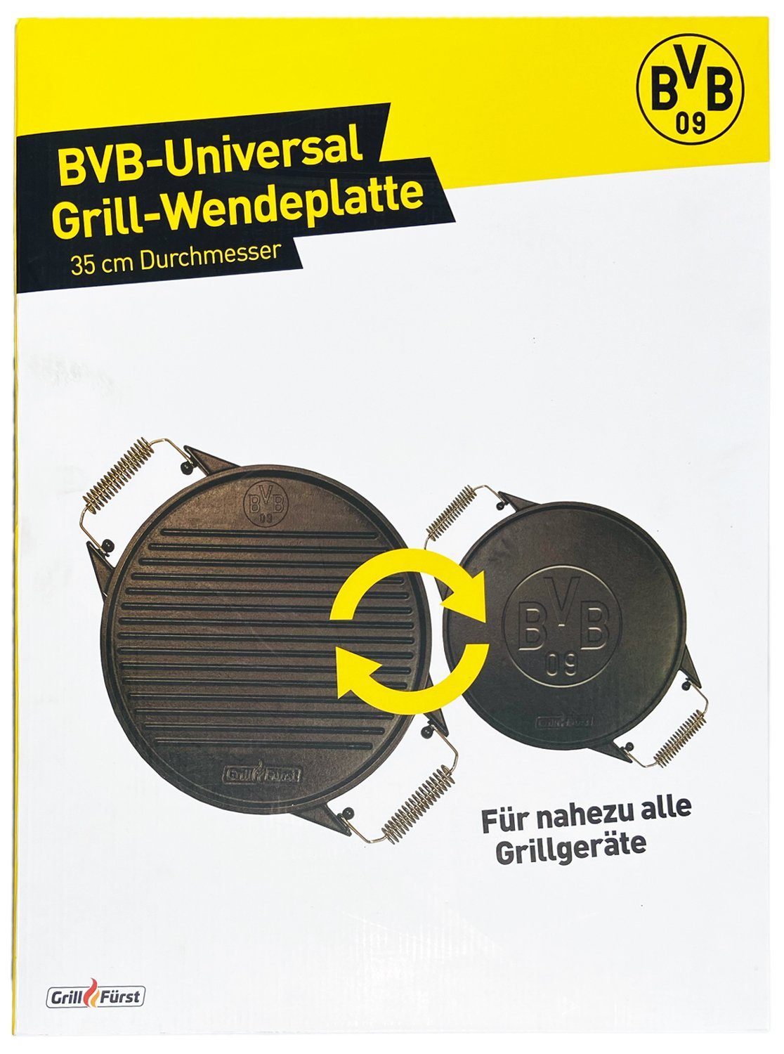 Grillfürst Grillplatte Grillfürst Universal Grillplatte rund / Wendeplatte aus Gusseisen Ø 35 cm - Borussia Dortmund Edition