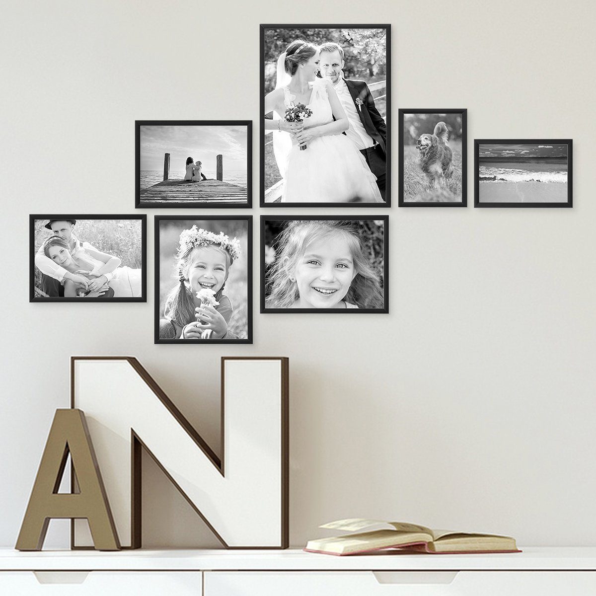 PHOTOLINI Bilderrahmen 7er Set aus Aluminium, bruchsicheres Acrylglas, verschiedene Formate, für 7 Bilder (7er Set), für eine stilvolle Wandgestaltung in Formaten 10x15 bis A4 / 21x30 cm