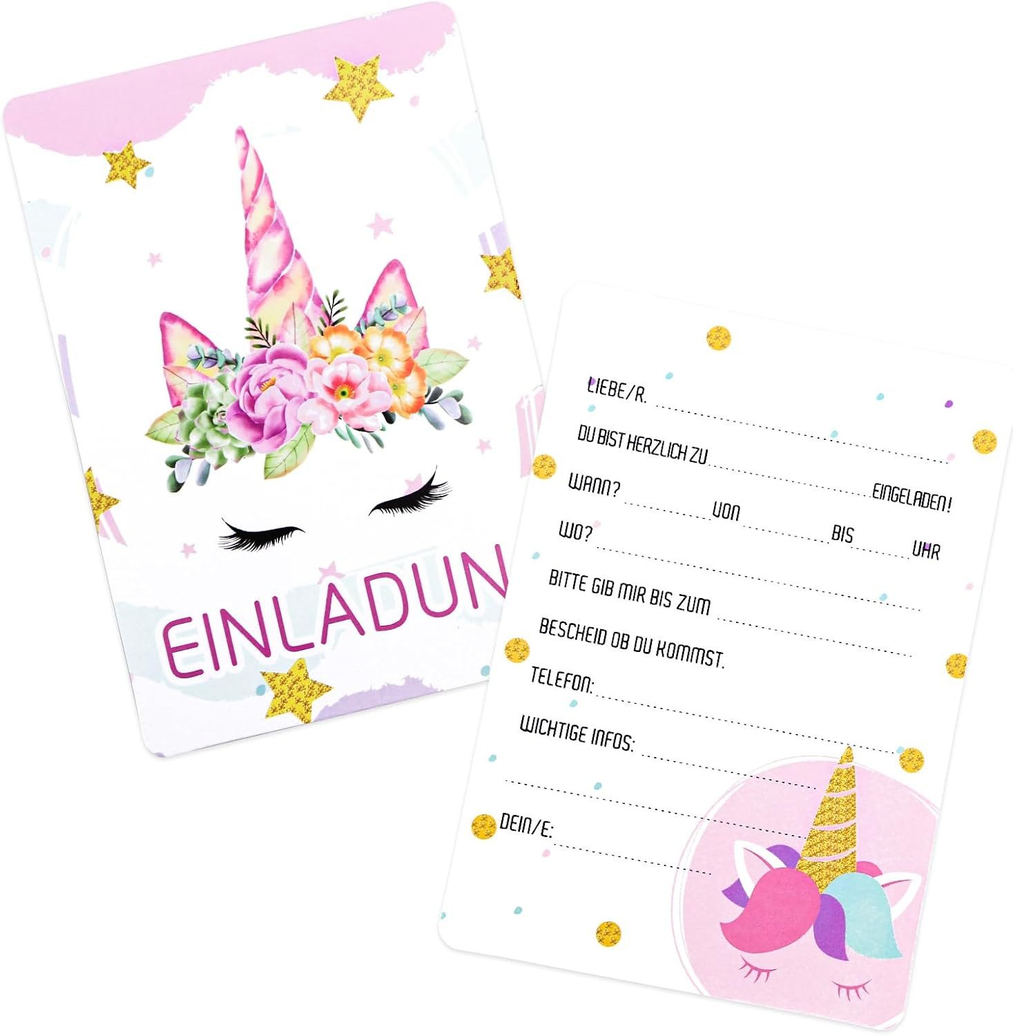 aitsite Einladungskarten 12er Set Einladungskarten Kindergeburtstag Einhorn Design Party Karten, 12er Set Einhorn Einladungskarten Kindergeburtstag, beschreibbar bunt