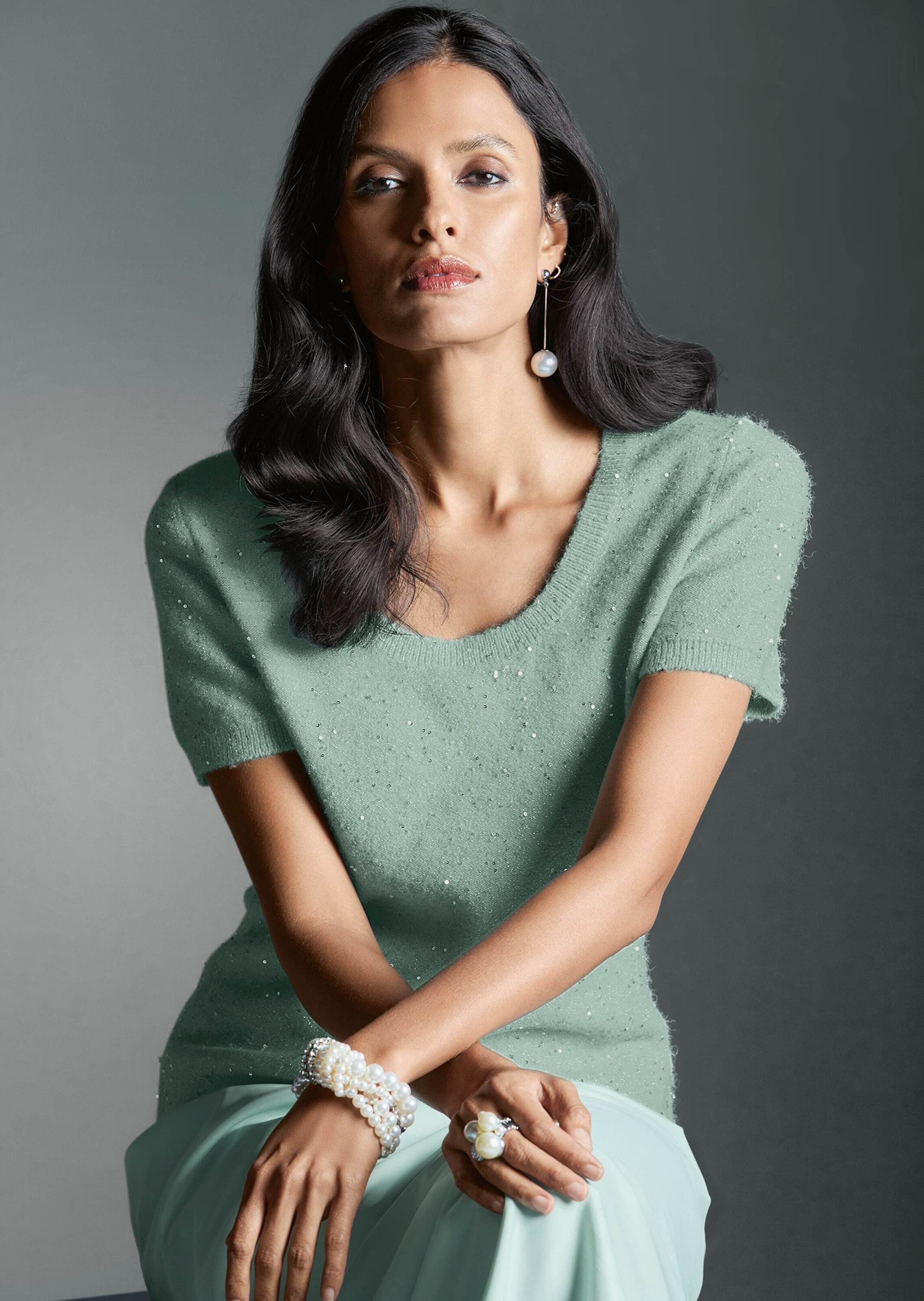 MADELEINE Strickpullover Kurzarm-Pullover mit Pailletten-Glanz günstig online kaufen