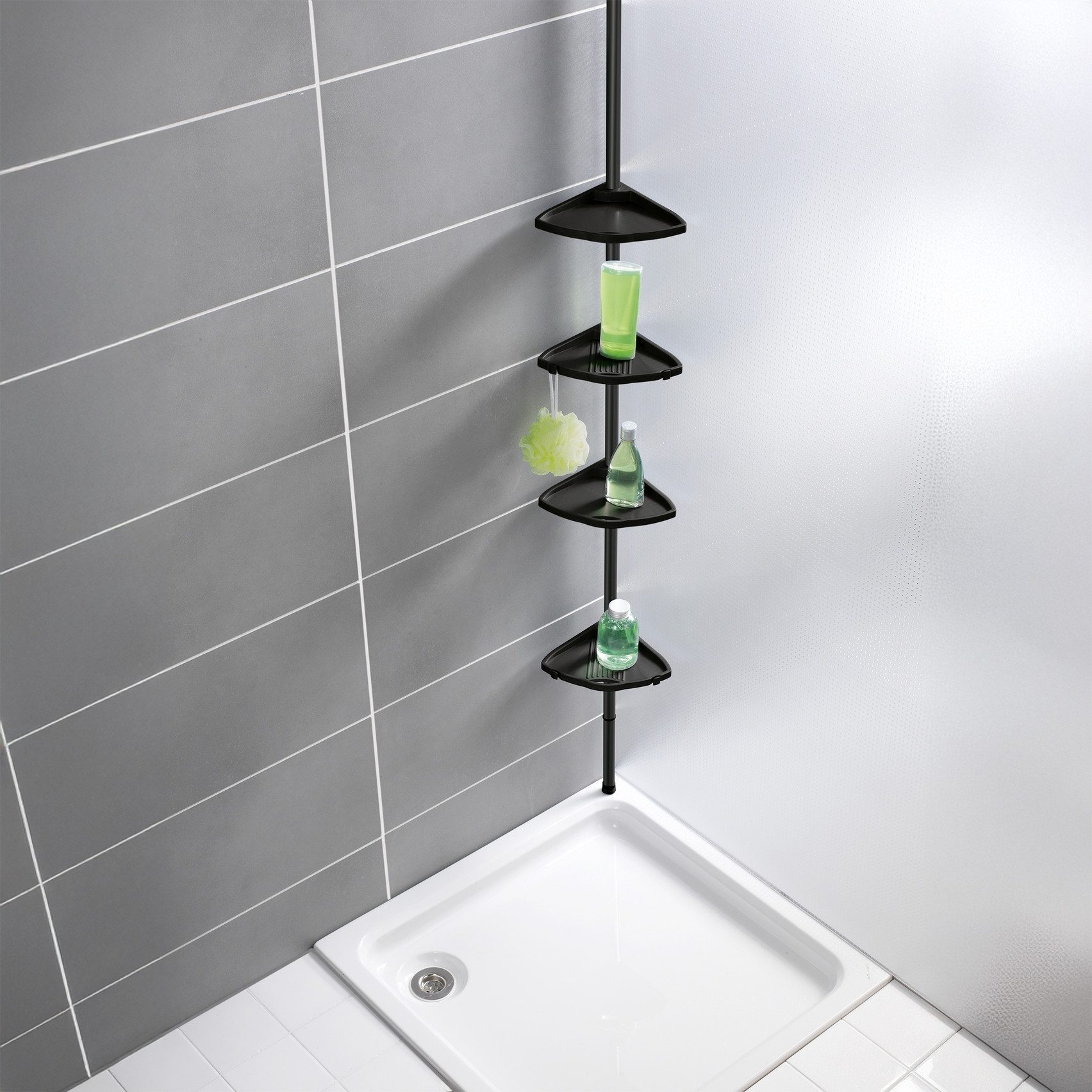 WENKO Duschregal Compact, Eckregal mit 4 Ablagen und 8 Haken, Montage ohne Bohren, Aluminium