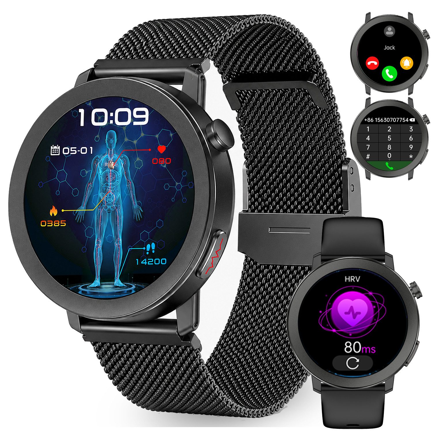 ANYSUN Smartwatch Herren Damen,Fitness Tracker Uhr mit Telefonfunktion Smartwatch (4,1 cm/1,46 Zoll) Gesundheitsuhr mit EKG+HRV/Blutdruckmessung/BMI, mit SOS-Notruf, IP68 100+ Sportmodi,24/7 Herzfrequenz/Schlafmonitor/SpO2, Android/iOS