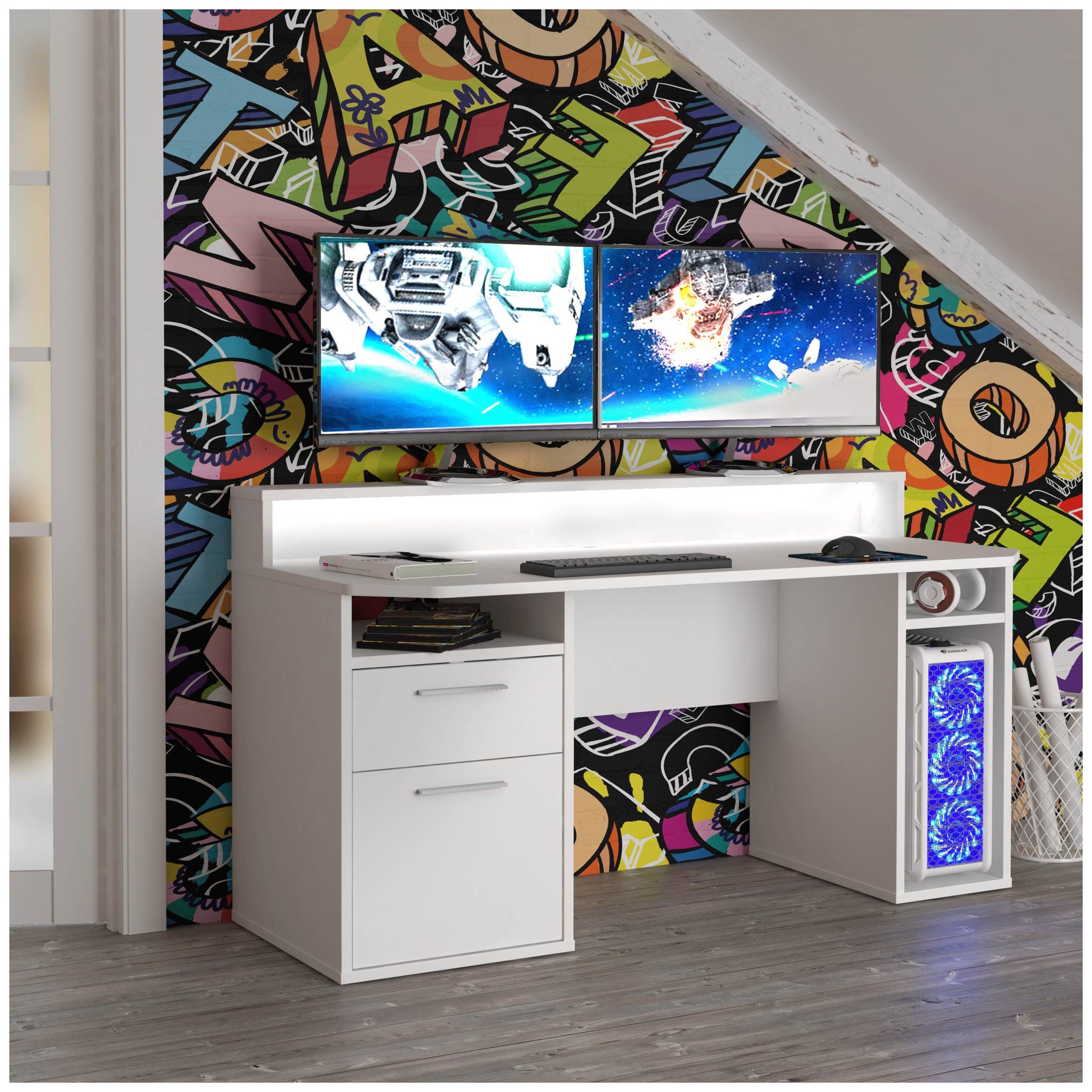 FORTE Gamingtisch Gaming Tisch TEZAUR 3B Gamer Computertisch Weiß mit LED-Beleuchtung