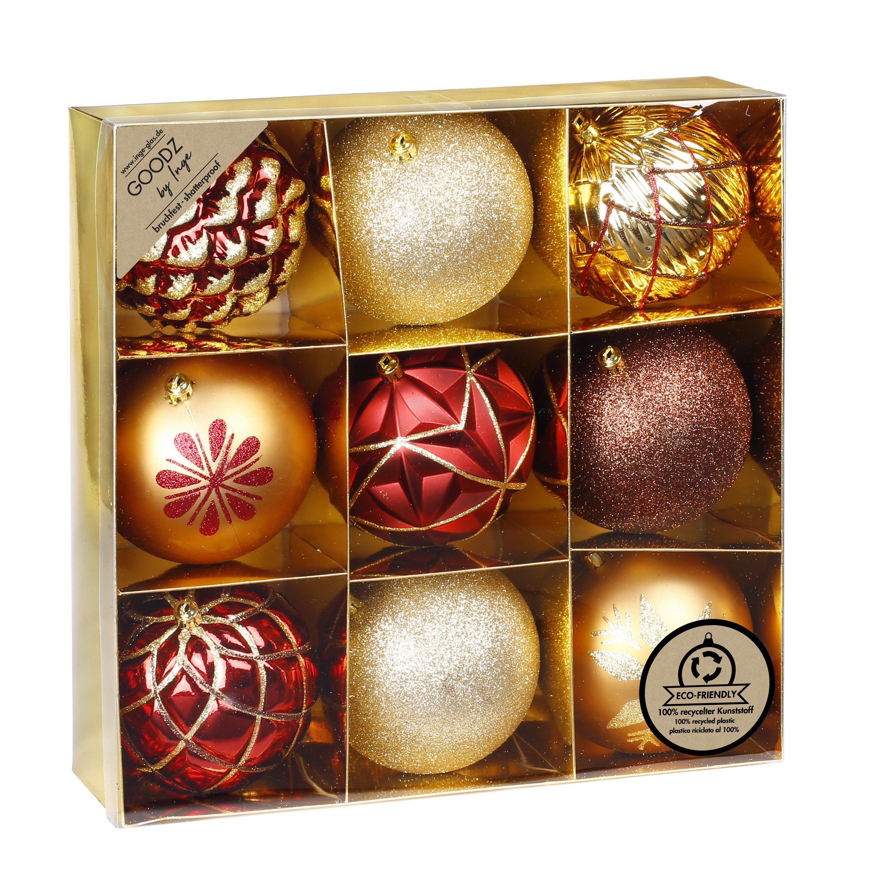 Gold Set Rot / Muster 10cm / Inge Kunststoff MAGIC 9er by Weihnachtsbaumkugel, Mix Weihnachtskugeln Braun