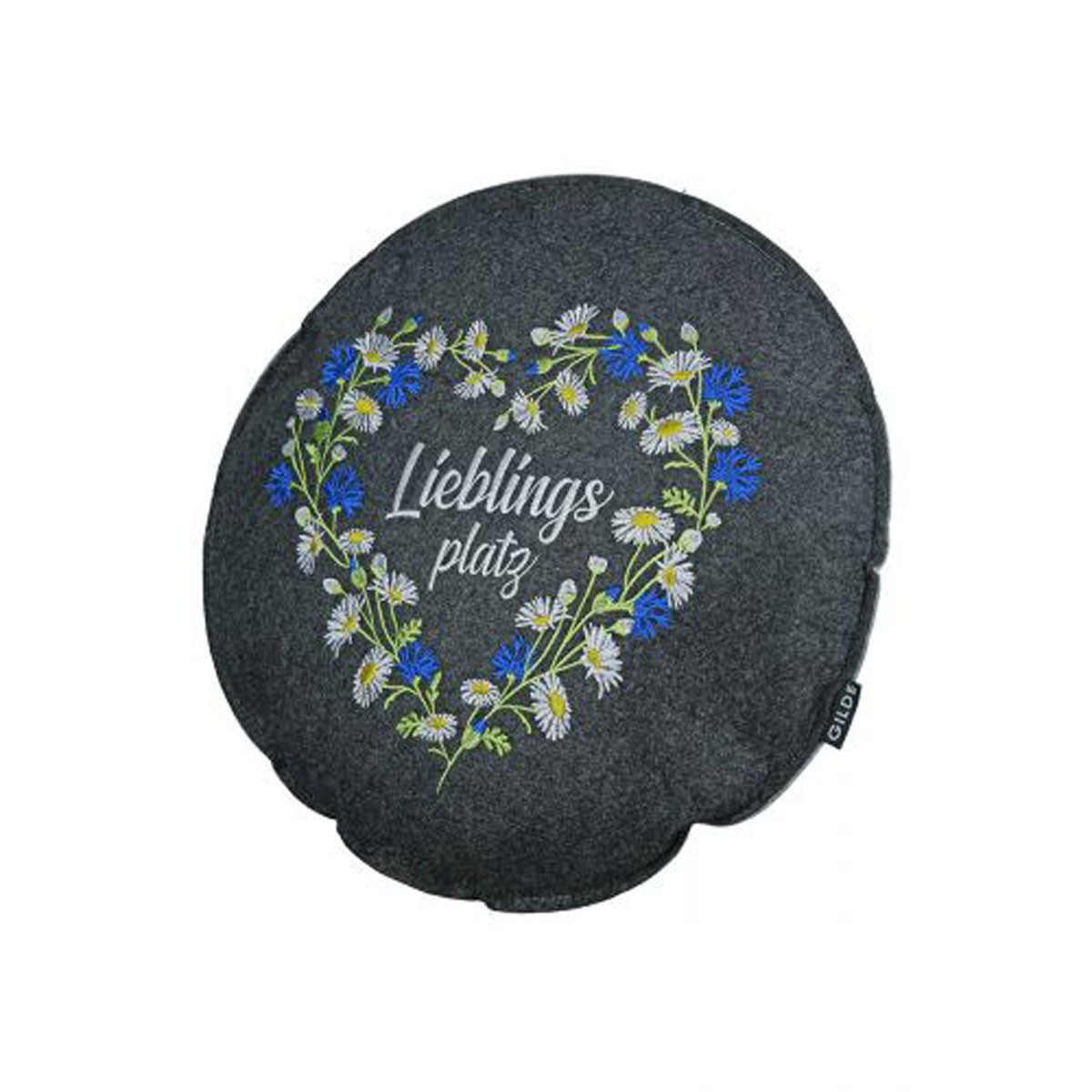 GILDE Dekokissen Filzkissen Wildblumen rund grau mit Spruch bestickt Ø 40 cm