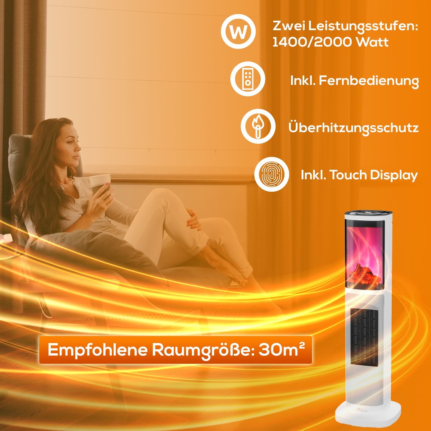 TroniTechnik Keramikheizlüfter Turmheizer KH-064, Keramikelement, Heizgerät,Oszillation,2000W,weiß, zwei Heizstufen, Überhitzungsschutz und Abschaltautomatik, T – Bild 5 von 5