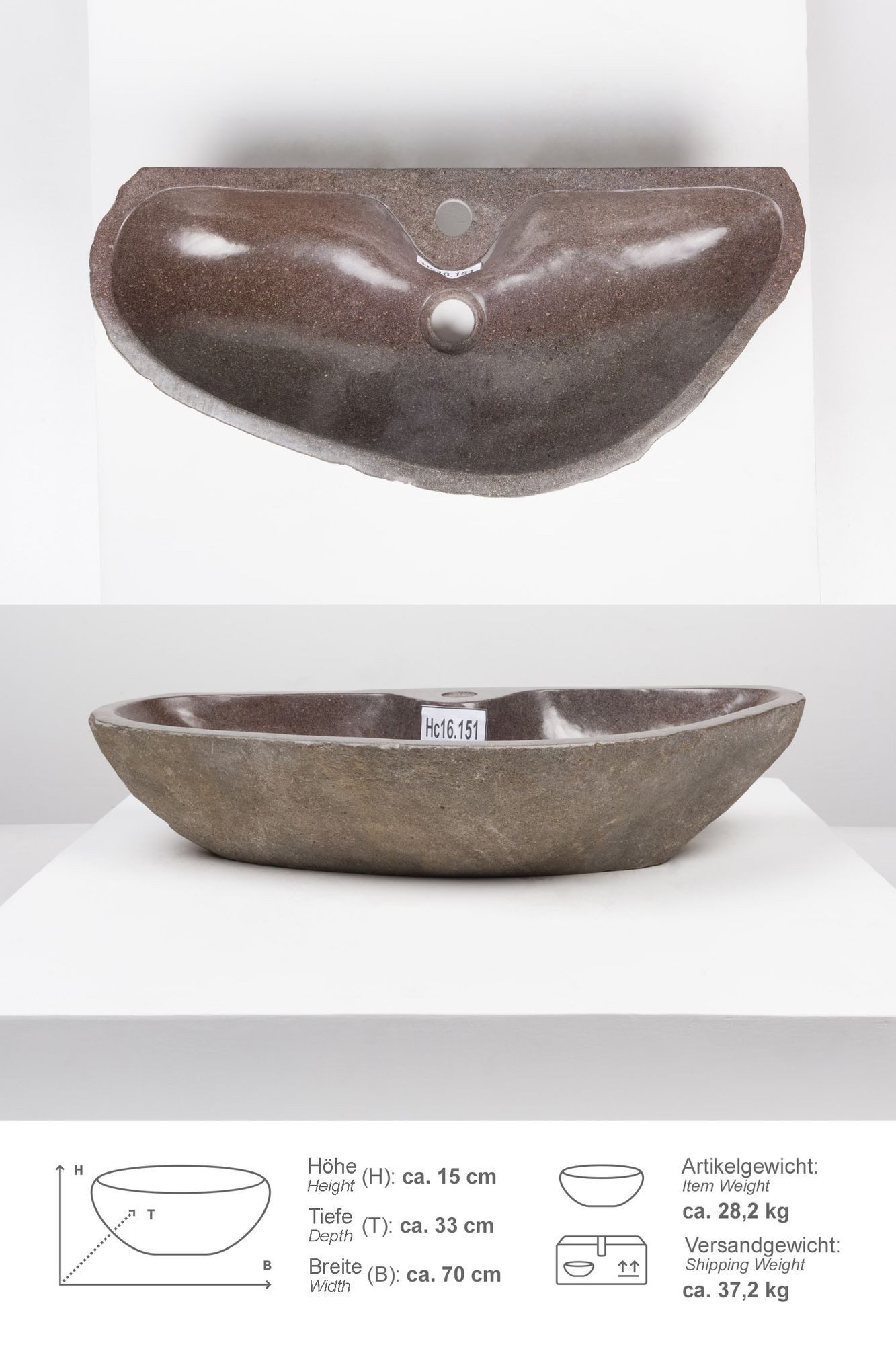 wohnfreuden Aufsatzwaschbecken Naturstein Waschbecken 70 cm mit Hahnloch (Kein Set), 124816_Hc16.151