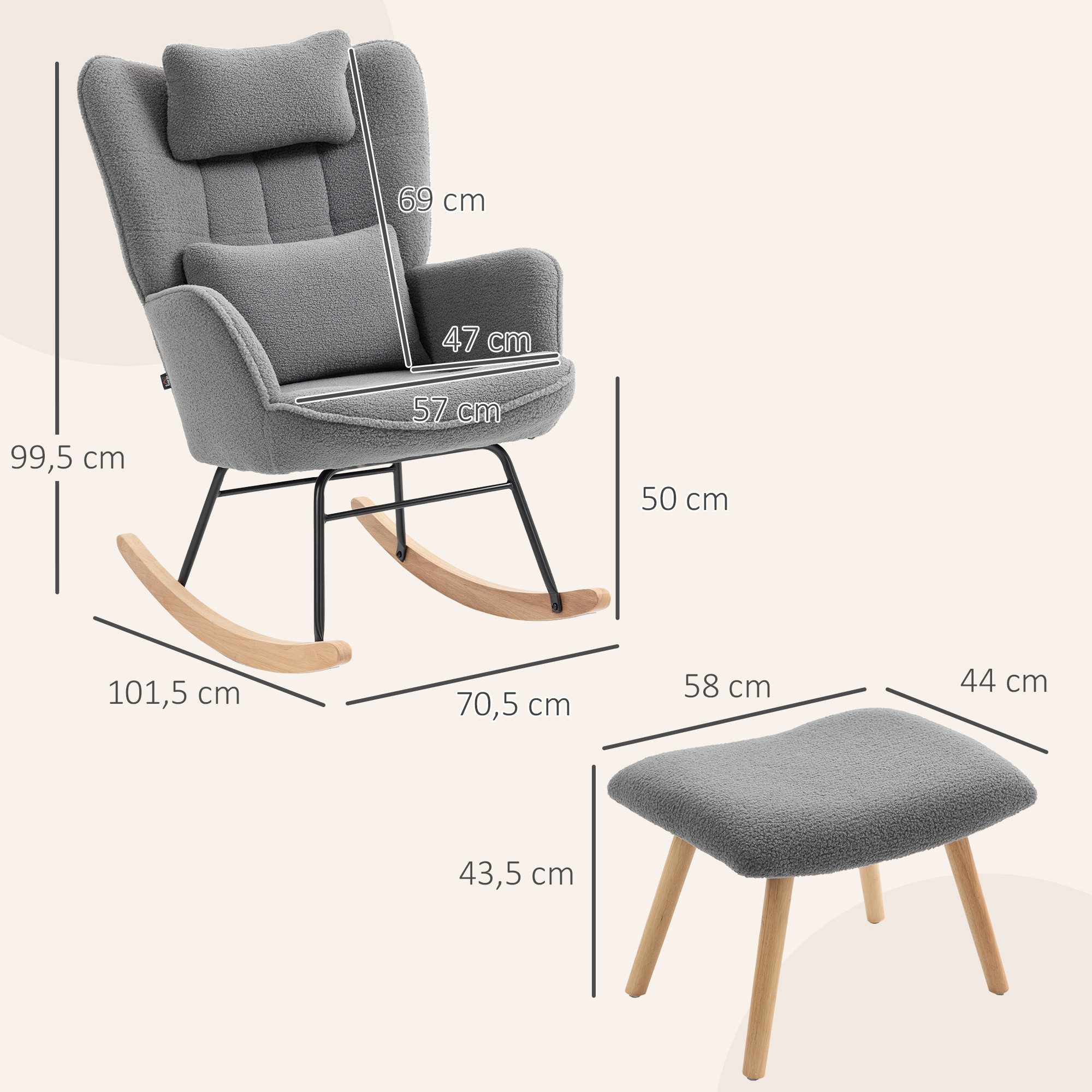 HOMCOM Schaukelsessel Gepolstert Schwingsessel mit Kissen, Fleece-Bezug, hoher Rückenlehne (Schwingstuhl, 2-St., Schaukelstuhl und Fußhocker), Stillsessel für Wohnzimmer, Schlafzimmer Dunkelgrau