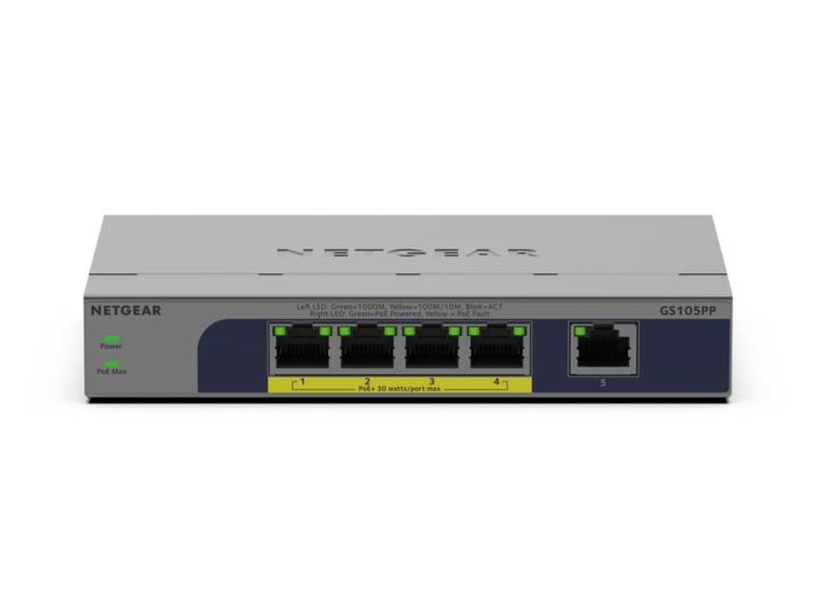 NETGEAR GS105PP - Switch - unmanaged - 1 x 10/100/1000 + 4 x 10/100/1000 (PoE+ Netzwerk-Switch