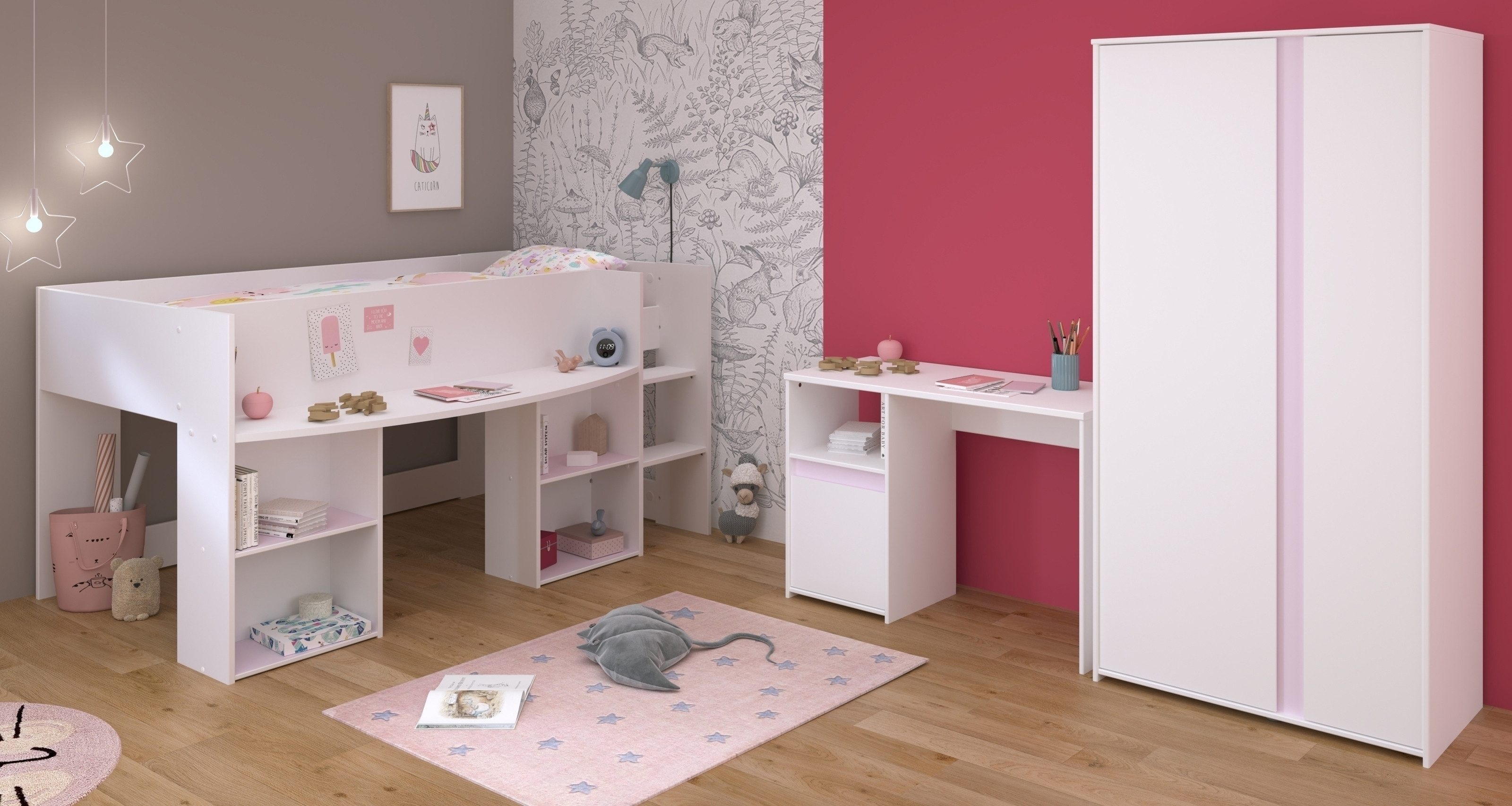 Parisot Jugendzimmer-Set (3-teilig) Weiss / Rose oder grau, Hochbett, Schrank, Schrhreibtisch, (3-teilig)