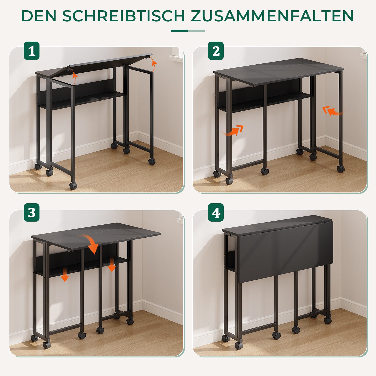 NAIMP Klapptisch Faltbar Schreibtisch Platzsparender Computertisch kleiner Tisch, mit Stauraum und Rollen – Bild 5 von 5