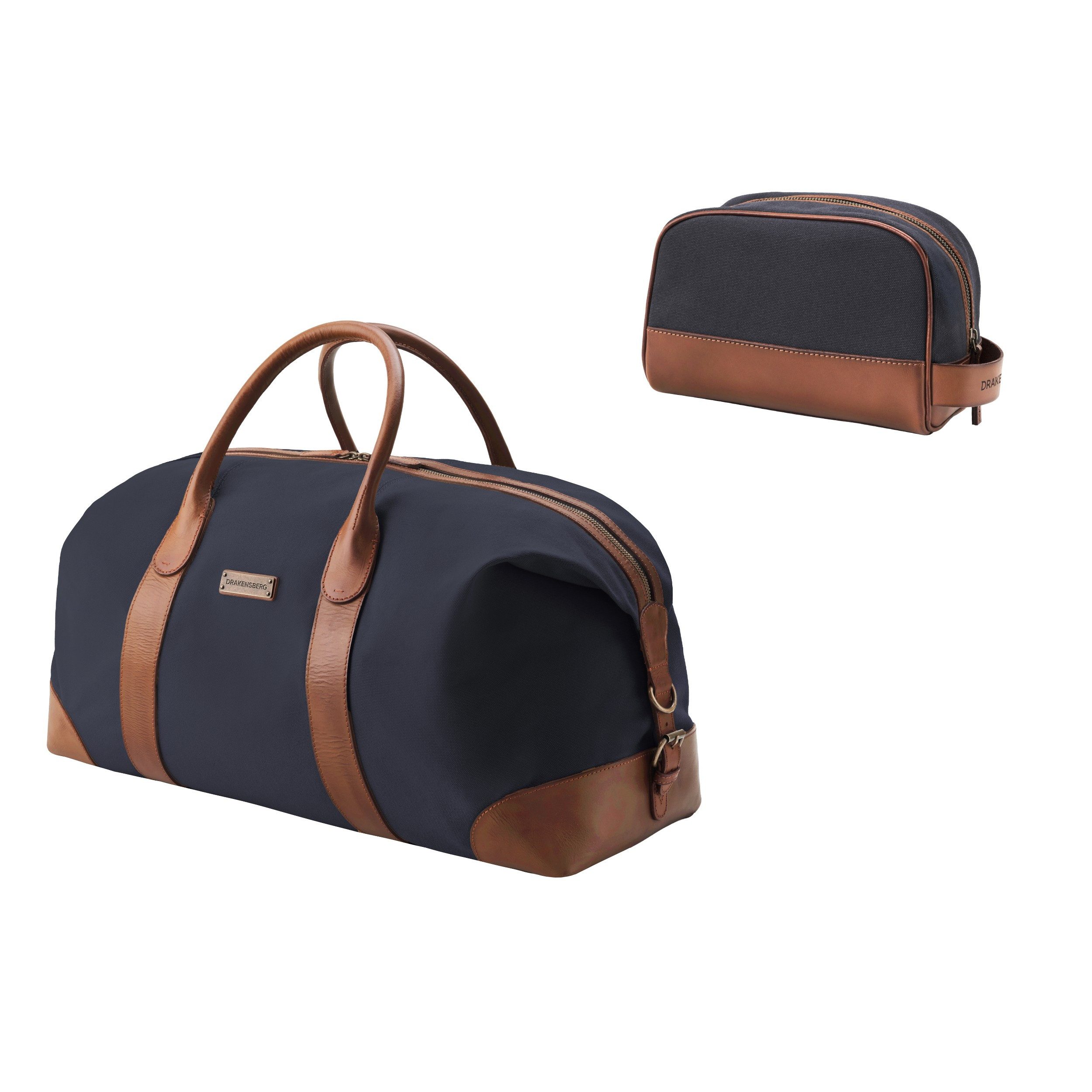 DRAKENSBERG Reisetasche Weekender »David« (60) & Kulturbeutel »Glen« Marine-Blau, aus Canvas und Büffelleder, Bundle, für Damen, Herren, wasserabweisend