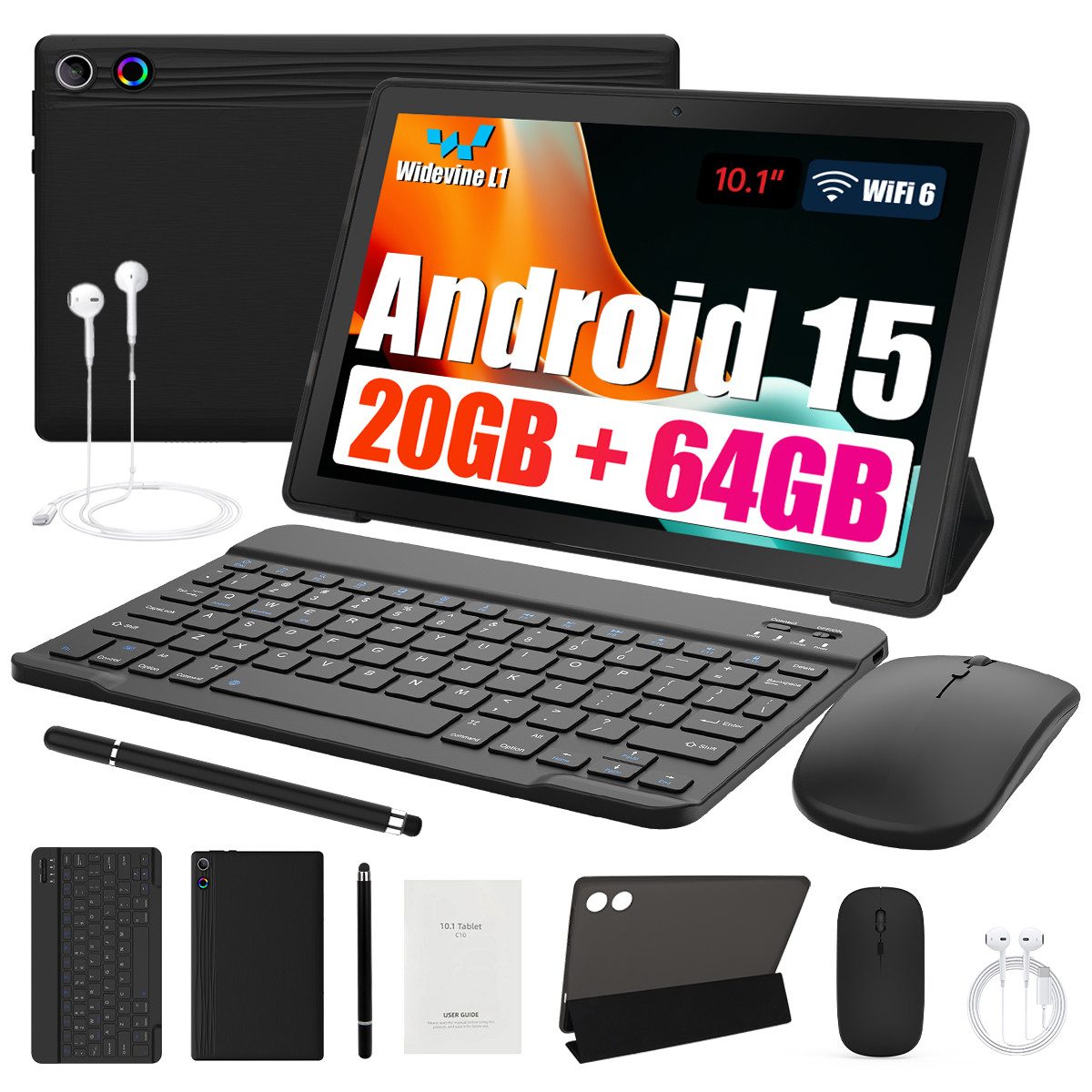 BUFO 10,1'' Android 15 5-Kern-Prozessor 64GB mit Tastatur Stift Maus Hülle Tablet (10", 64 GB, Android, WiFI 6, HD IPS, 20(3+17)GB RAM, mit Tastatur/Stift/Maus/Hülle/Kopfhörer)