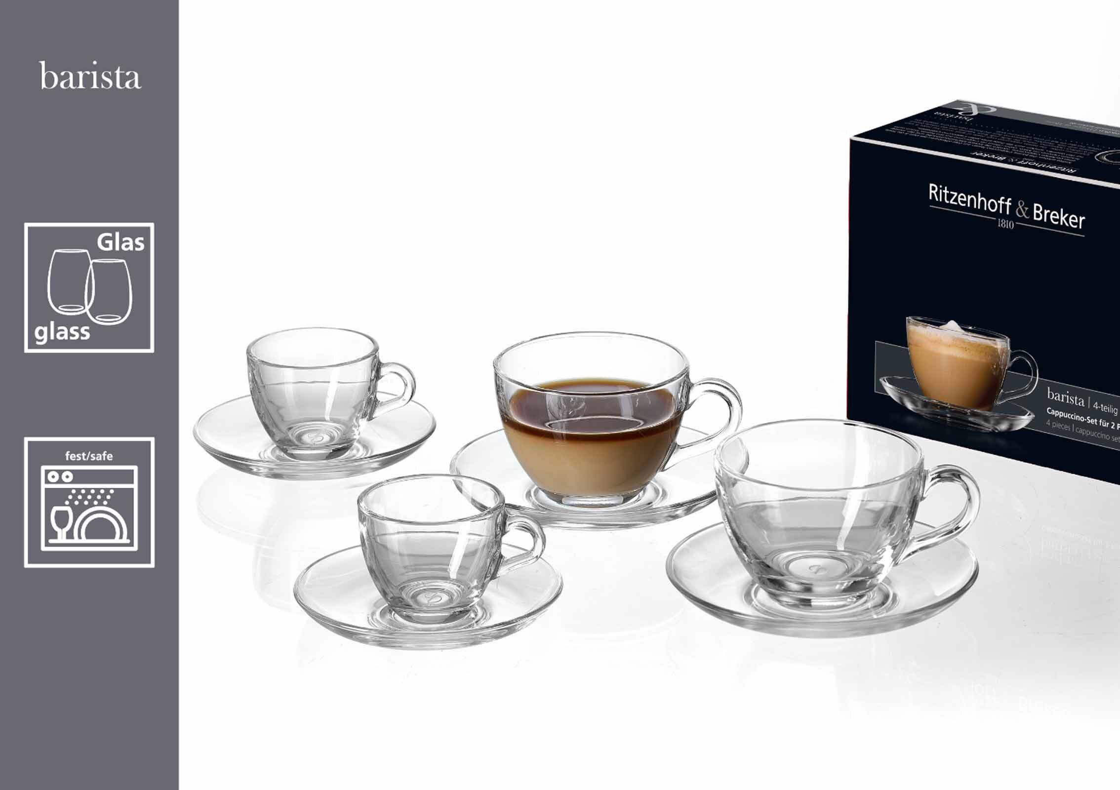 Ritzenhoff & Breker Cappuccinotasse Barista Cappuccino-Set 220 ml 2er Set, 4-tlg., Glas