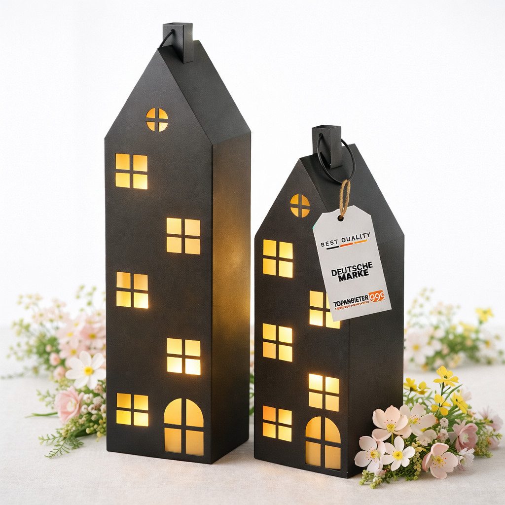 Topanbieter999 Kerzenlaterne Laternen Haus Metall schwarz 66 und 96 cm (2er-Set), nur für den Innenbereich