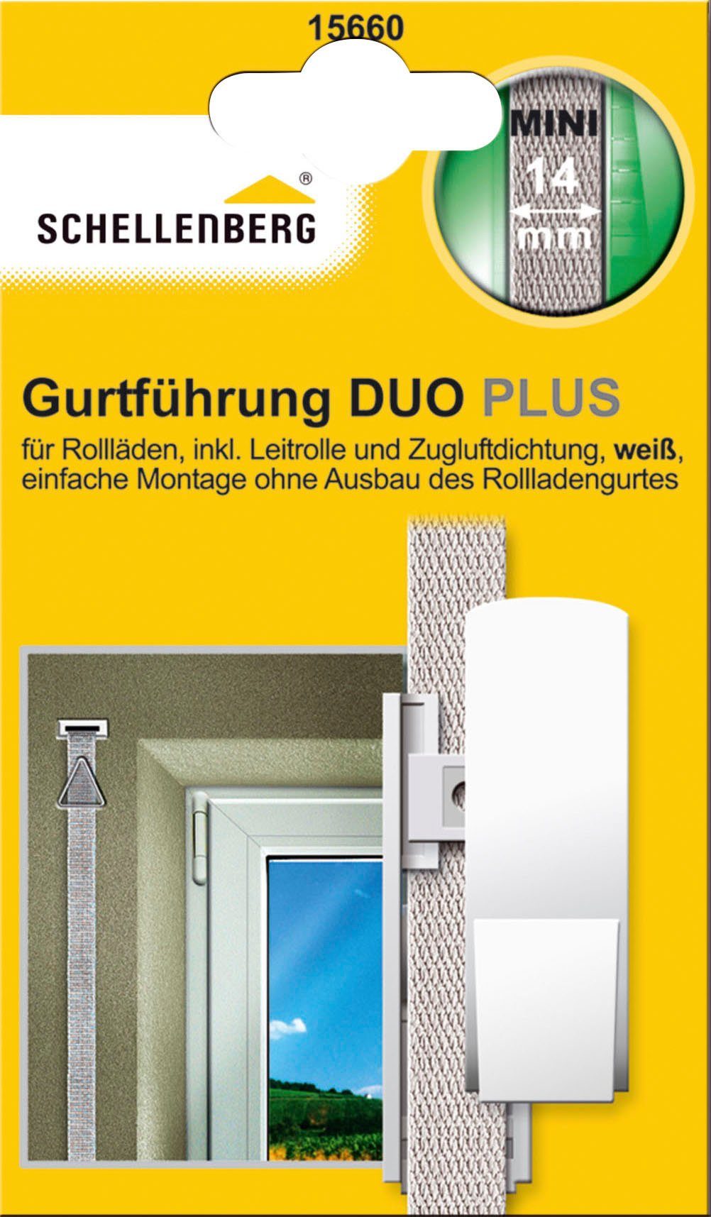 SCHELLENBERG Rollladen-Gurtführung Duo Plus für das Rollladensystem Mini, für max. 1,4 cm Gurtbreite, 1-St., inkl. Blende, Zugluftdichtung und Gurtleitrolle