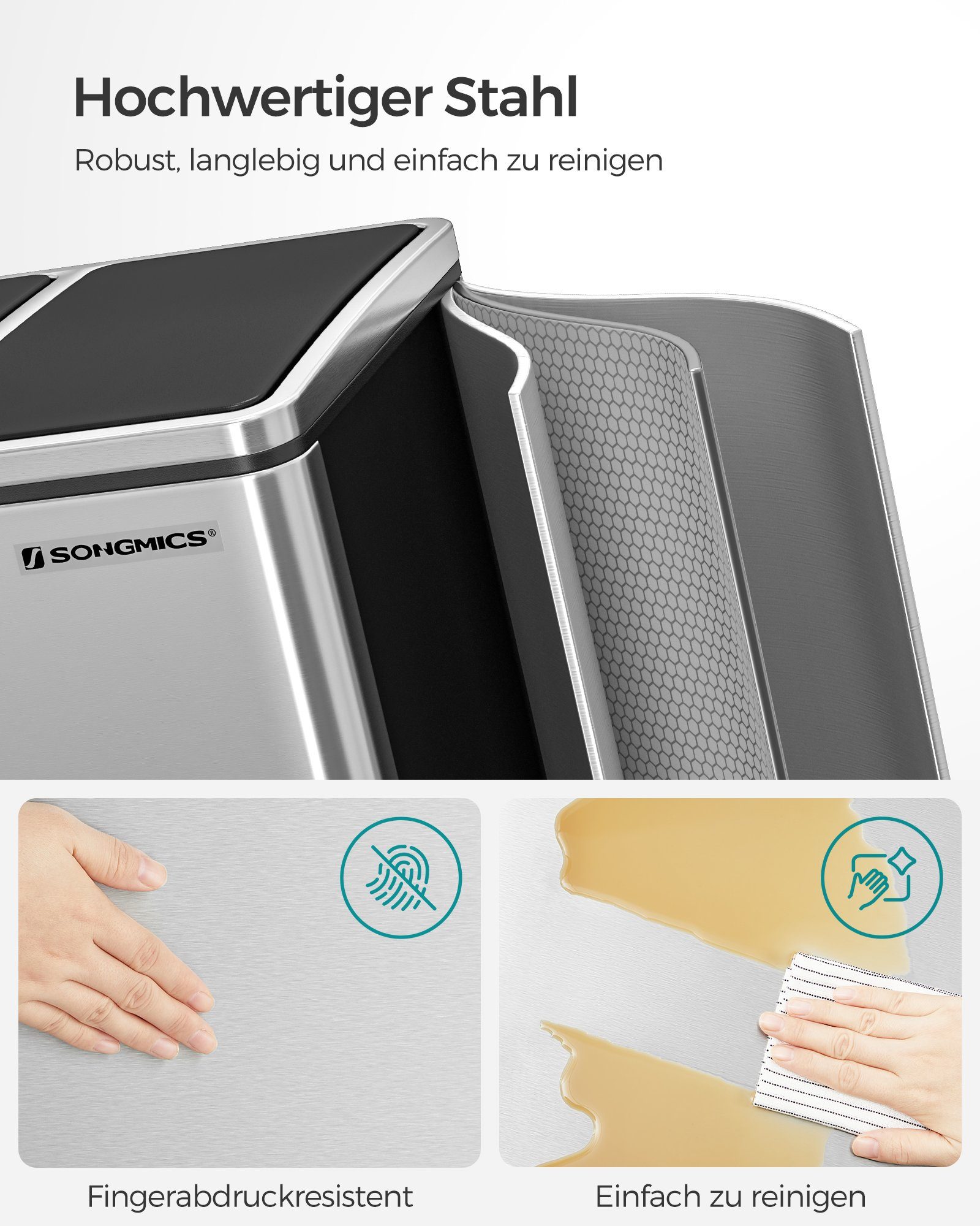 SONGMICS Mülleimer, Mülltrennsystem, 3 x 18 L, ergonomisch, 3 Fächer