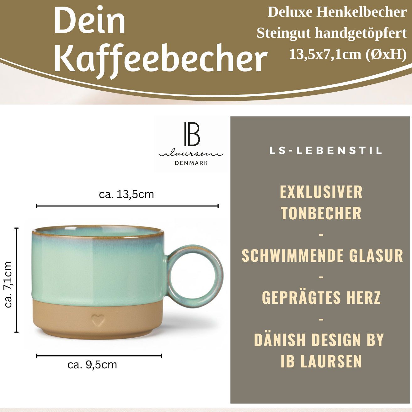 LS-LebenStil Becher Exklusiver Kaffeebecher 290ml Aqua Herz Henkelbecher mit Henkel Griff, 1-tlg., Steingut - ähnlich Porzellan, Steingut handgetöpfert Kaffeetasse Kaffee Milchkaffee Cappuccino