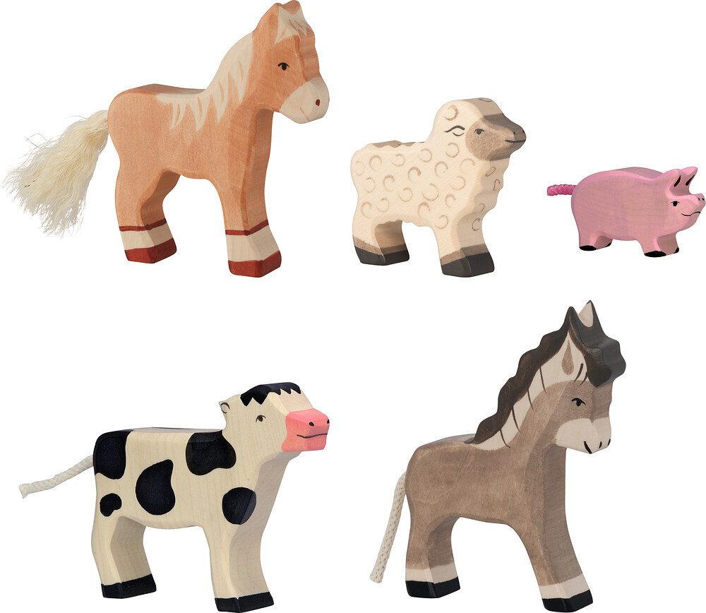 Holztiger Spielwelt Bauernhof-Set aus Holz – Kalb, Fohlen, Esel, Ferkel, Lamm, (5-tlg), hangefertigt und per Hand bemalt - jedes Stück ist ein Unikat