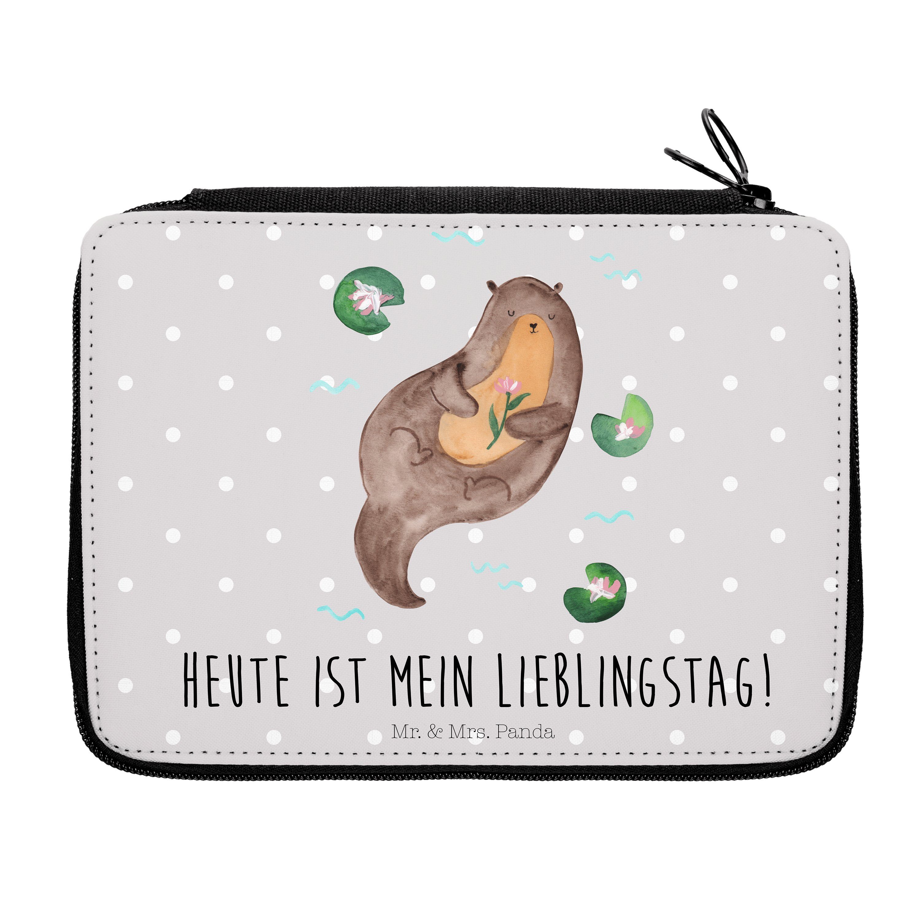 Mr. & Mrs. Panda Federmäppchen Otter mit Seerose - Grau Pastell - Geschenk, Federmappe, Grundschule, (1-tlg)