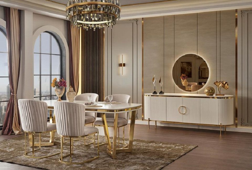 JVmoebel Essgruppe Anziehend Esstisch mit 4x Stühle Glänzend Kommode mit Spiegel, (7-tlg., Esszimmer Set(Esstisch+4x Stühle+Kommode mit Spiegel), Made in Europa