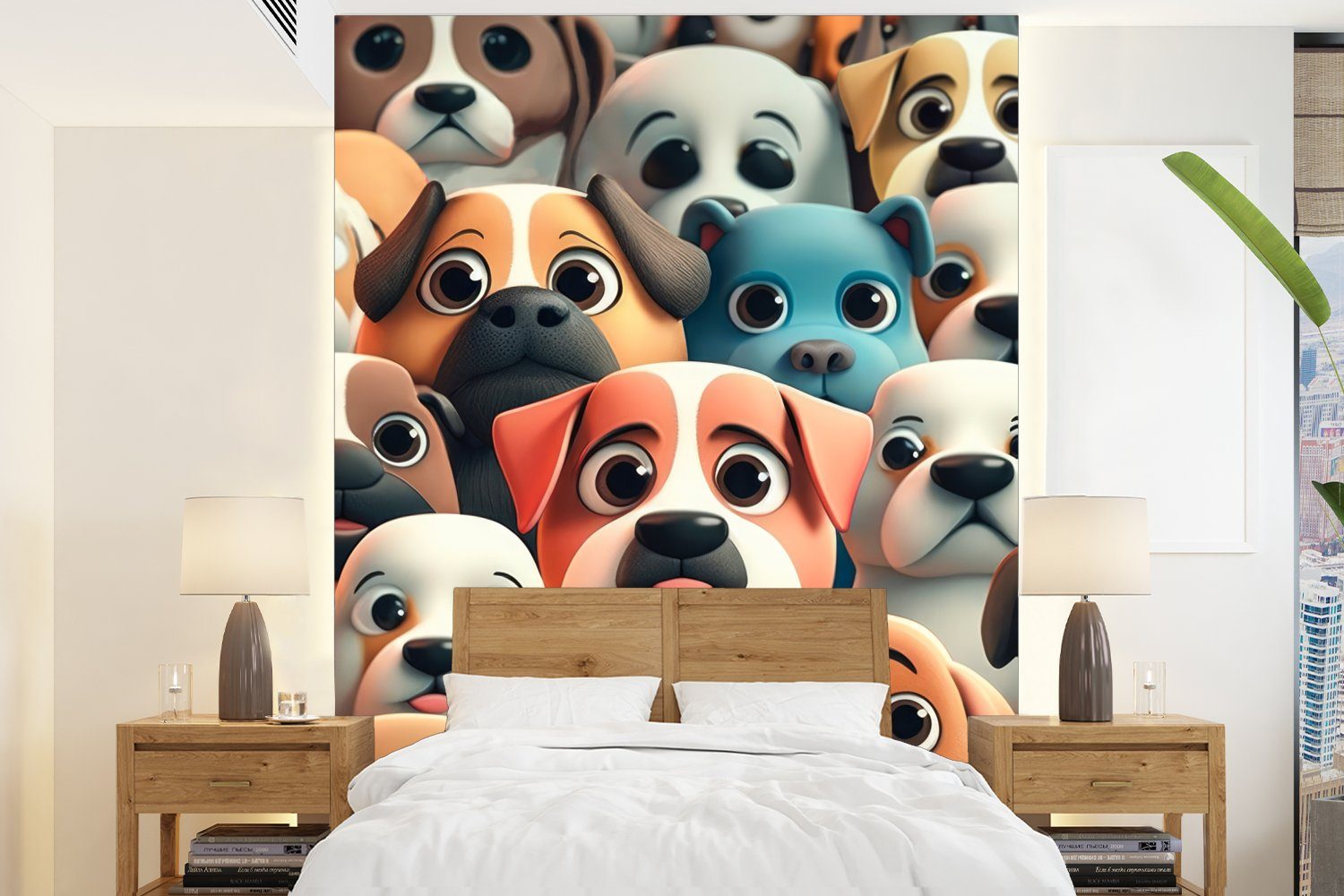 MuchoWow Fototapete Hund - Tiere - Muster - Braun - Mädchen - Jungen, Matt, bedruckt, (4 St), Montagefertig Vinyl Tapete für Wohnzimmer, Wandtapete
