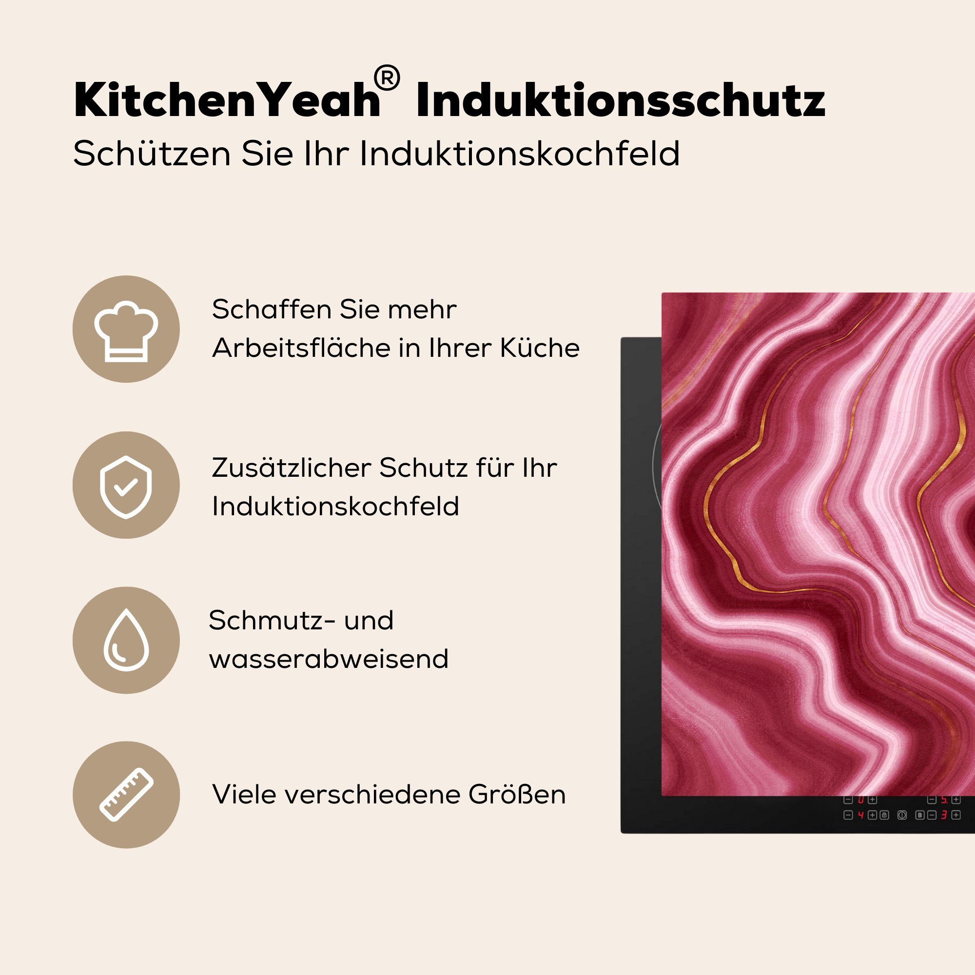 MuchoWow cm, (1 Vinyl, Induktionskochfeld - Rosa Herdblende-/Abdeckplatte für 81x52 Schutz Ceranfeldabdeckung küche, die - Gold, tlg), Marmor