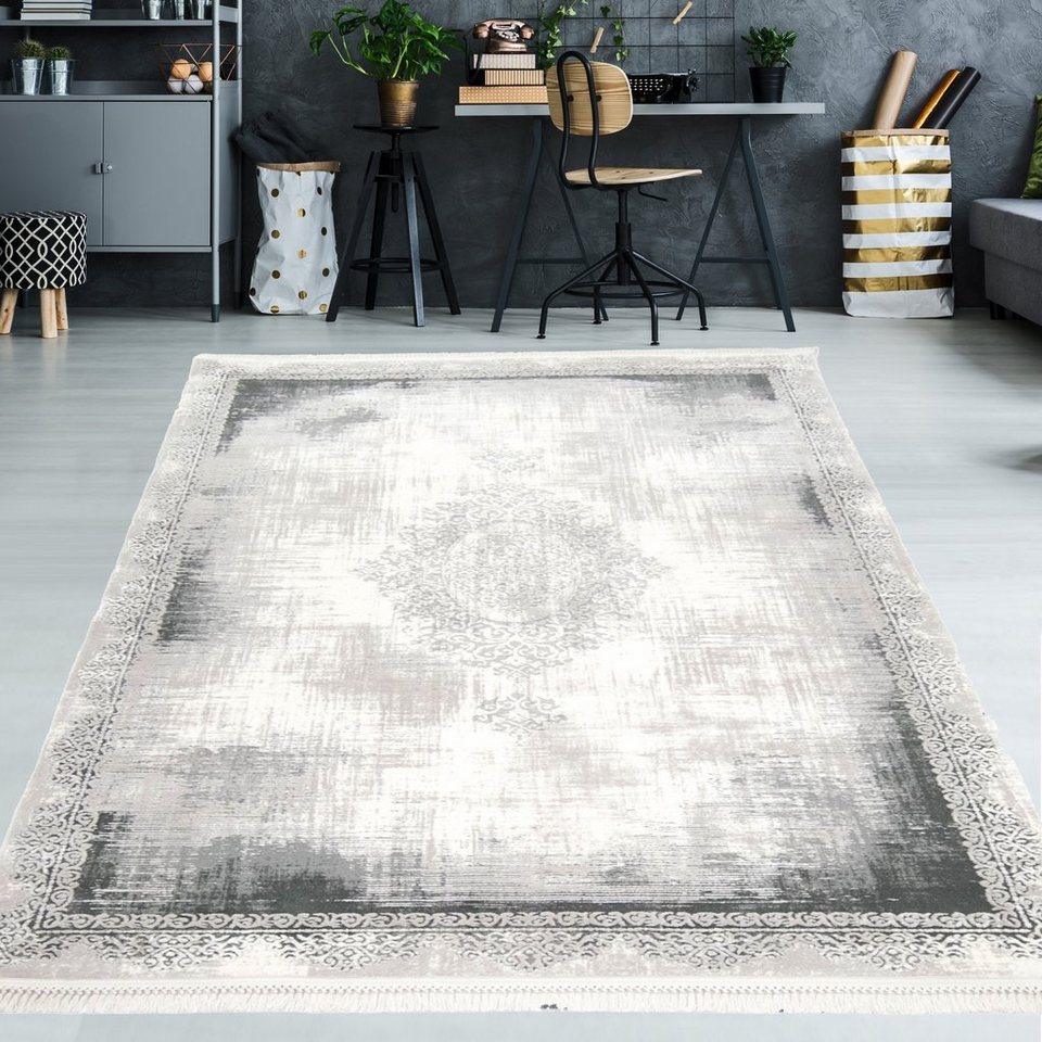 Teppich Wollteppich mit Verzierungen & Fransen in grau, TeppichHome24,  rechteckig, Höhe: 10 mm