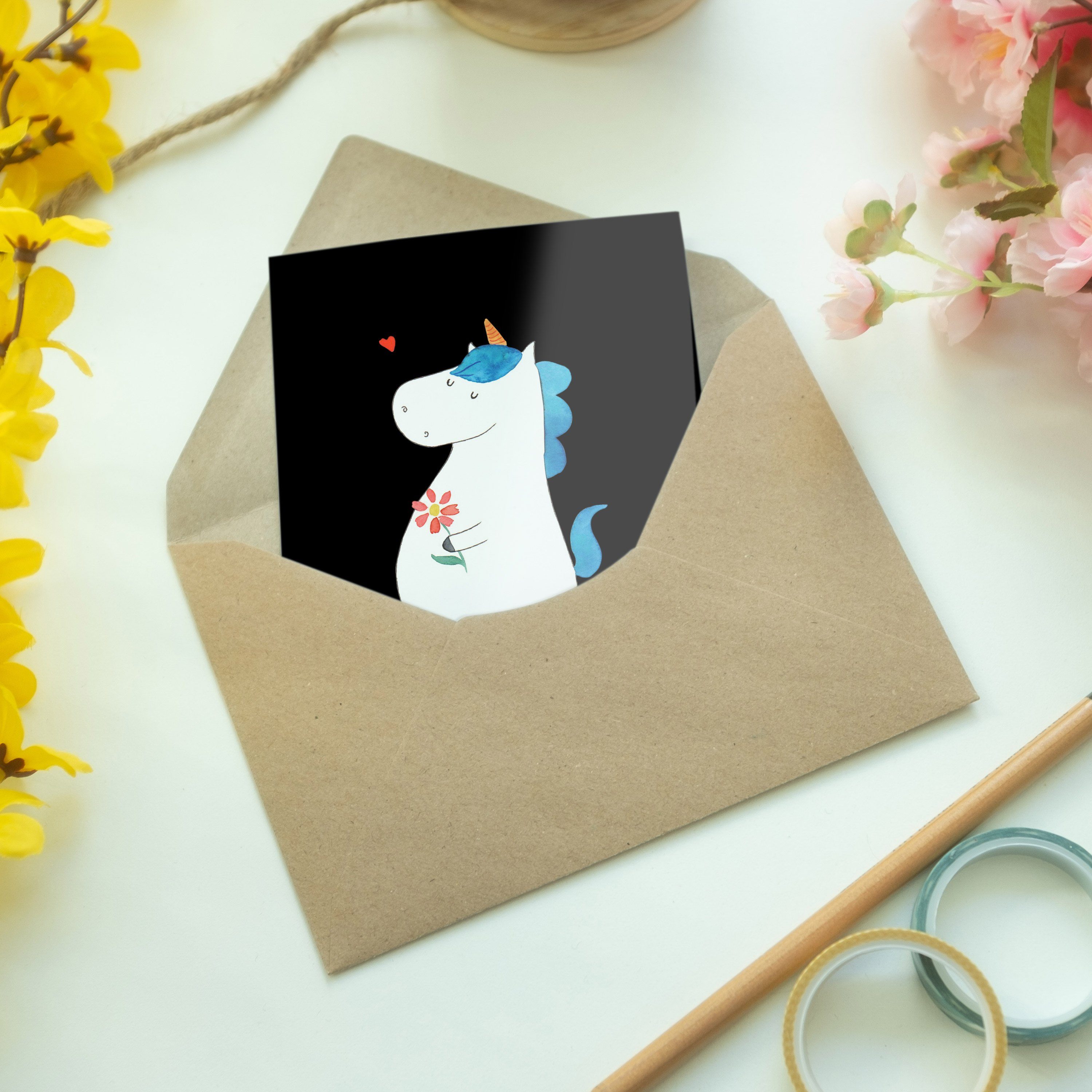Mr. & Einhörner Spaziergang - Mrs. Panda Einhorn Geburtstagskarte, Schwarz Geschenk, Grußkarte 