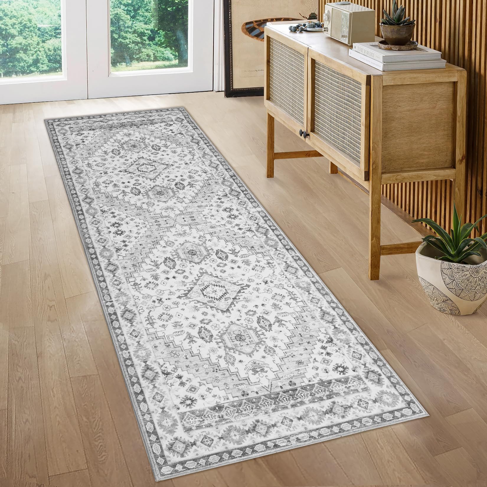 GarveeMore Teppich Waschbarer Vintage Orientteppich Designteppich Läufer Teppich, Rechteckig, Niedriger Flor, Antirutsch, für Flur, Wohnzimmer, Küche