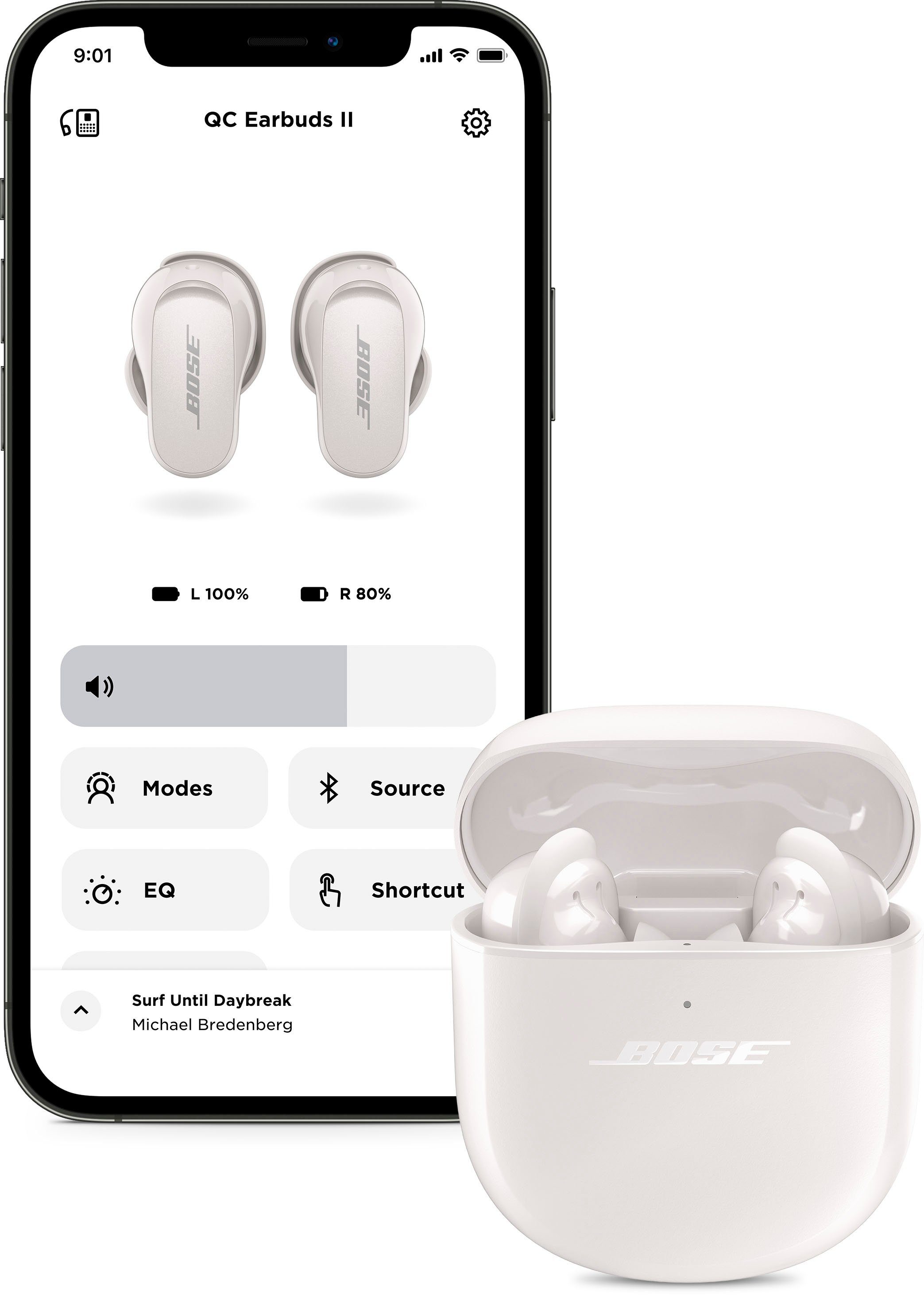 Bose QuietComfort® Earbuds II wireless personalisiertem Lärmreduzierung In-Ear-Kopfhörer Bluetooth, integrierte Musik, für Steuerung und Noise-Cancelling, soapstone mit kabellose Klang) In-Ear-Kopfhörer Anrufe (Freisprechfunktion