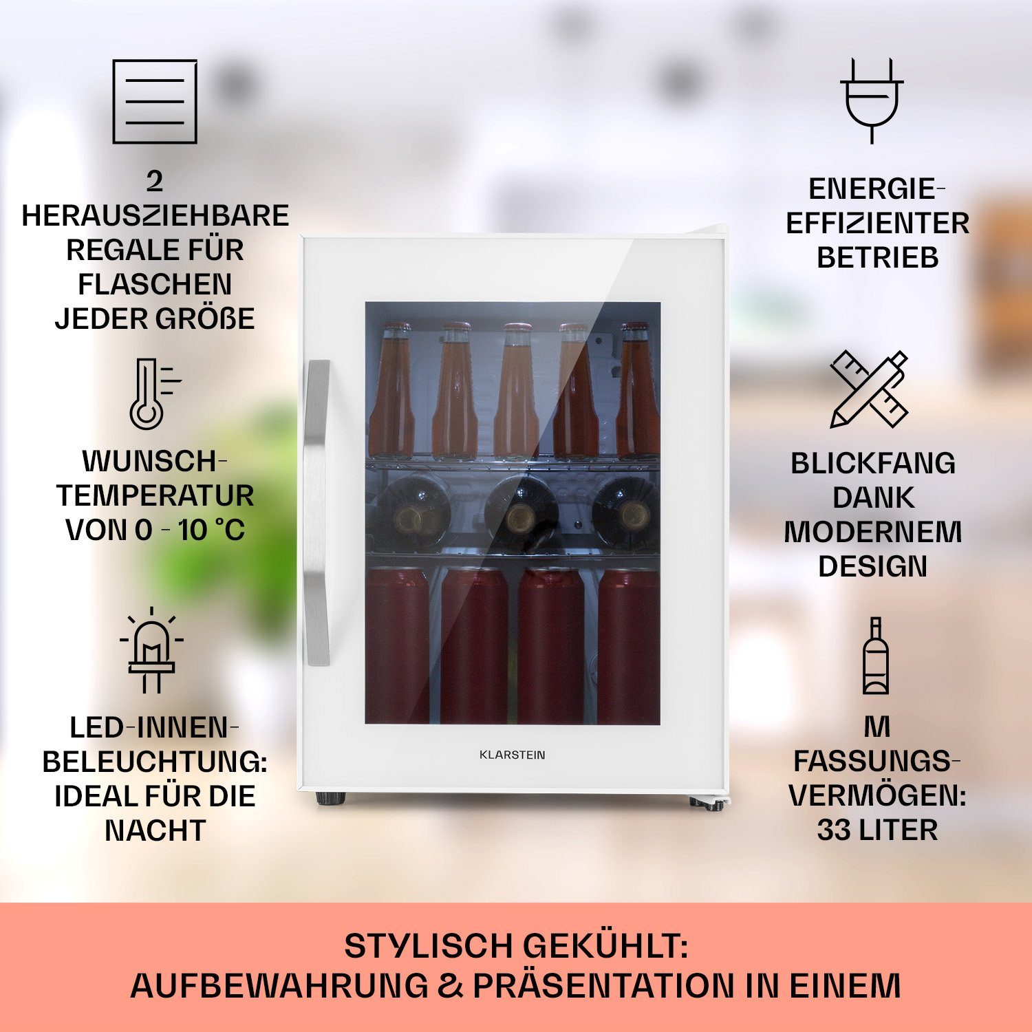 Klarstein Getränkekühlschrank 10039425, 55.2 cm hoch, 40.3 cm breit, Mini Kühlschrank ohne Gefrierfach klein Getränkekühlschrank Glastür